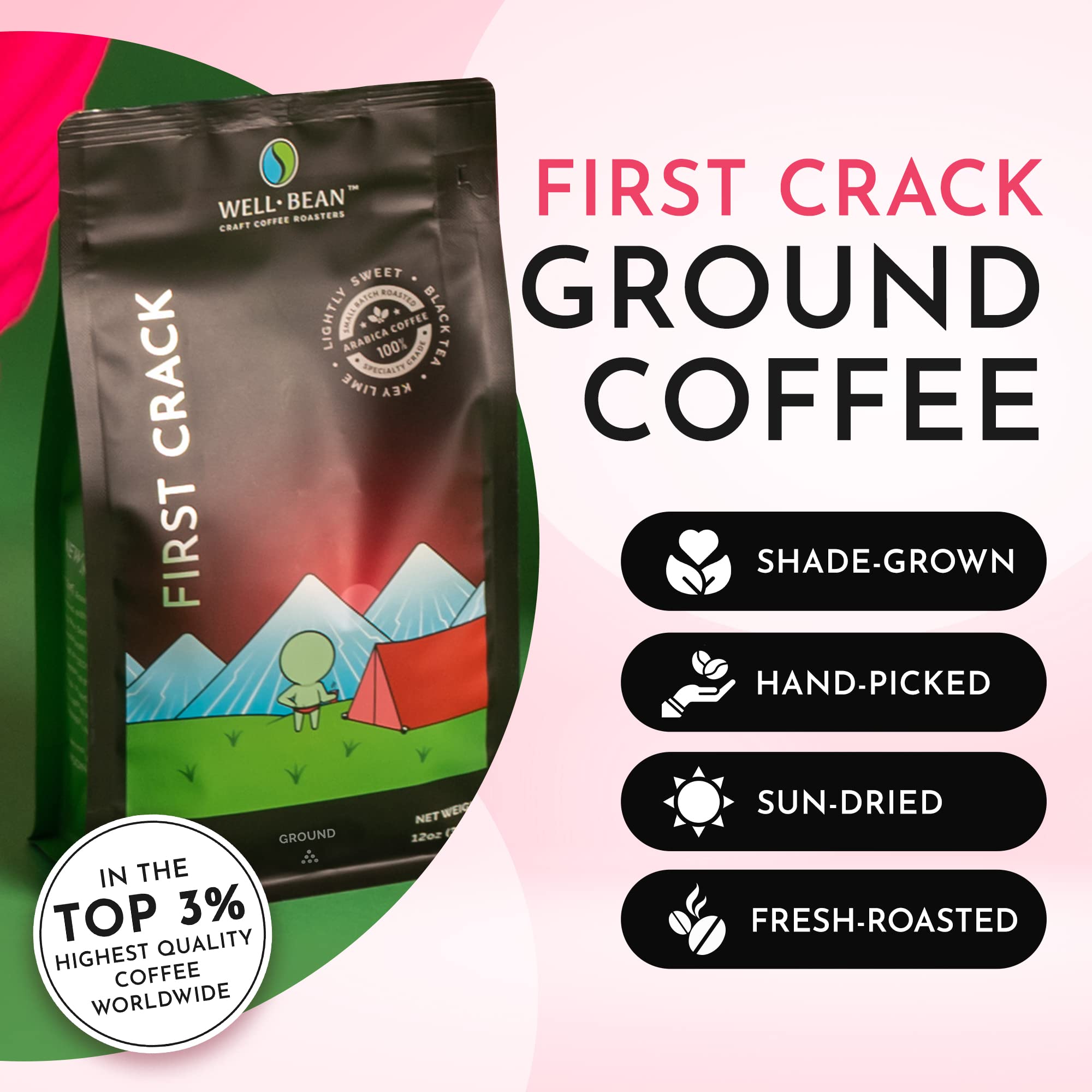 Well-Bean Coffee, First Crack, Ground, Light Roast, Breakfast Blend, Honduras Organic Coffee Beans, High Grown, Sun-dried, Small-Batch Roasted, 12 oz