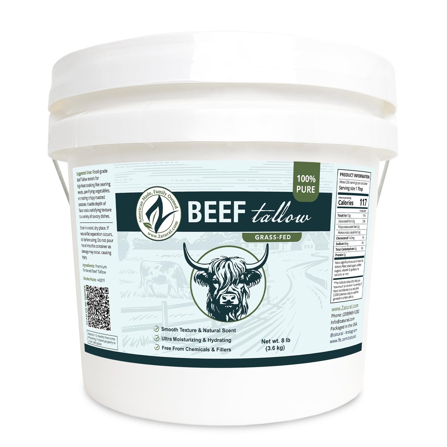 Zatural 100% Pure Grass-Fed Beef Tallow ~1 Gallon, 8 lbs - Deodorized & Refined Food-Grade Fat for Cooking, Frying, Skincare, Soap Making & DIY Balms
