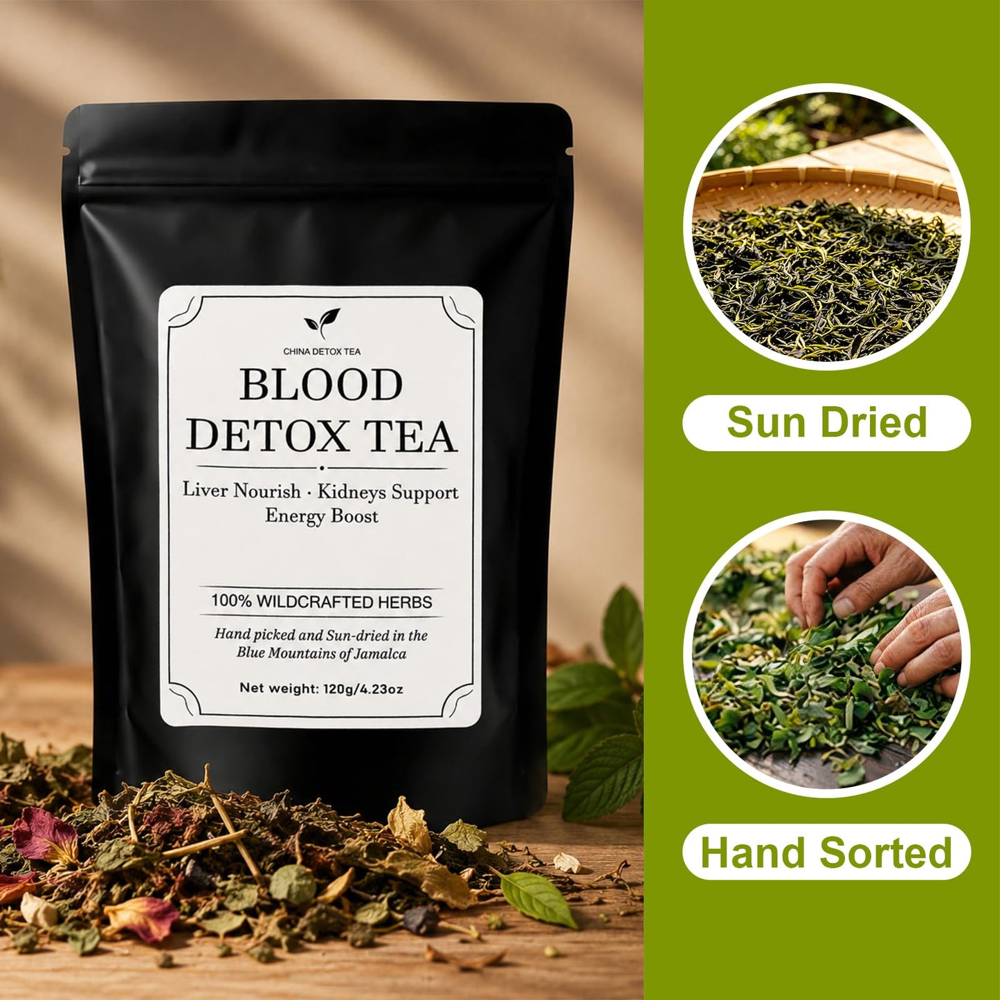Jamaican Healing Garden Blood Detox Tea, Wildcrafted Herbs with Guaco, Burdock Root, Oregano, Cinnamon, Moringa, Hand Picked and Sun-Dried in the Blue