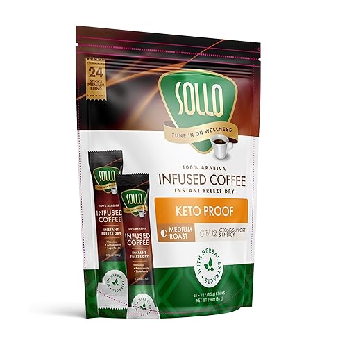 SOLLO Keto Infused Instant Coffee sticks, 0 g CARBS, Coconut MCT Oil, Freeze Dry 100% Arabica, 24 per pack.
