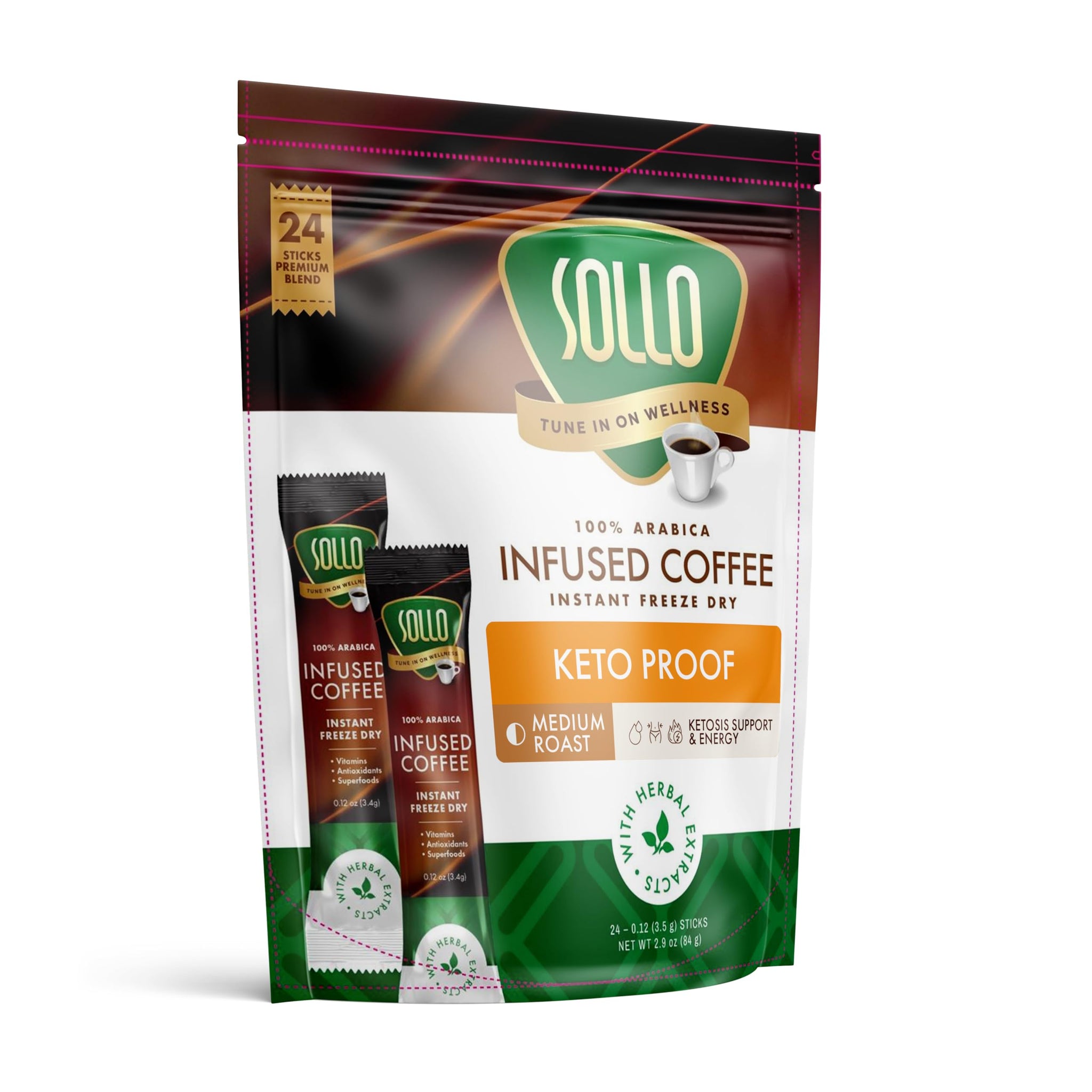 SOLLO Keto Infused Instant Coffee sticks, 0 g CARBS, Coconut MCT Oil, Freeze Dry 100% Arabica, 24 per pack.
