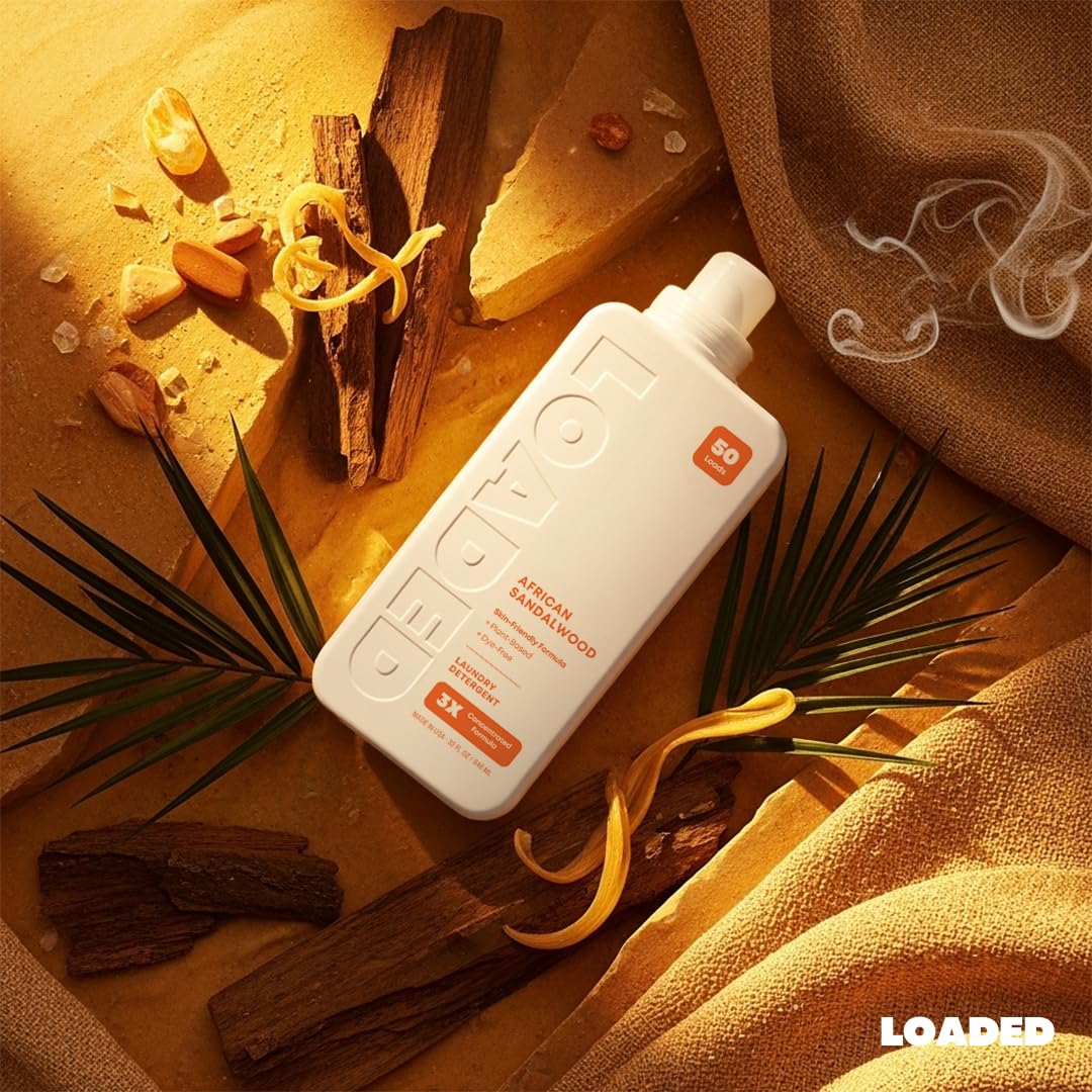 Loaded Laundry Detergent, Luxury Cologne Scented | 50 Loads | Sandalwood & Vanilla | Skin-Friendly & Plant-Based | Made in USA | 32 oz