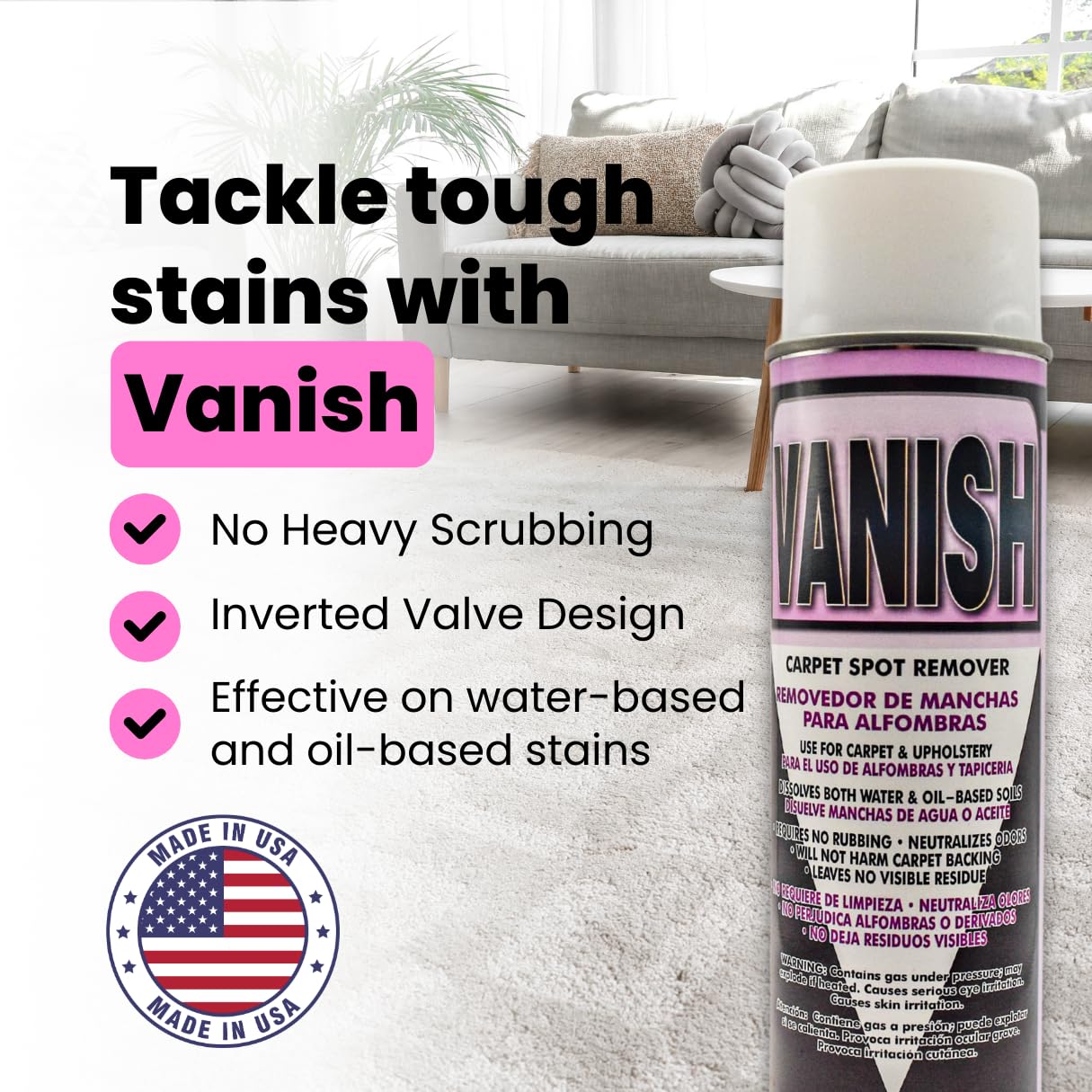 Armchem Vanish Carpet & Upholstery Spot Remover, 18 oz- Fast-acting Carpet stain remover with deep-clean formula. No residue, safe on all fabrics