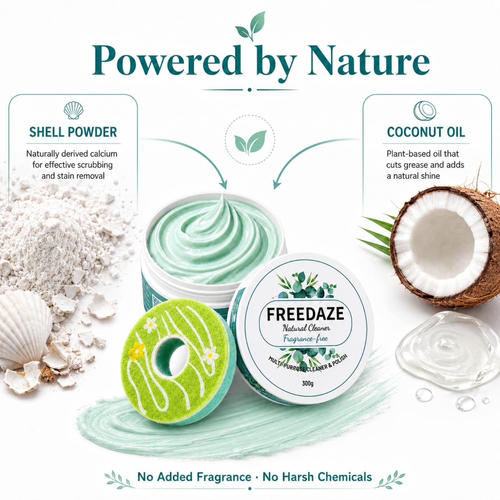 Freedaze Natural All Purpose Cleaning Paste - Shell Powder & Coconut Oil, All Washable Surfaces Cleaner & Polish with Donut Sponge (10.58 oz, 2 Pack)