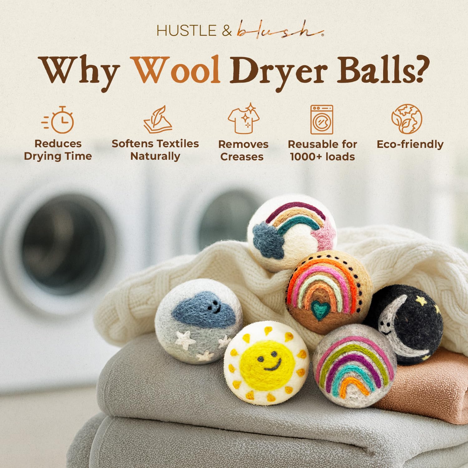 Hustle & Blush Fluff Ewes Wool Dryer Balls 6 Pack - XL Rainbow or Shine Premium New Zealand Laundry Set, Reduces Drying Time, Static Control, Chemical