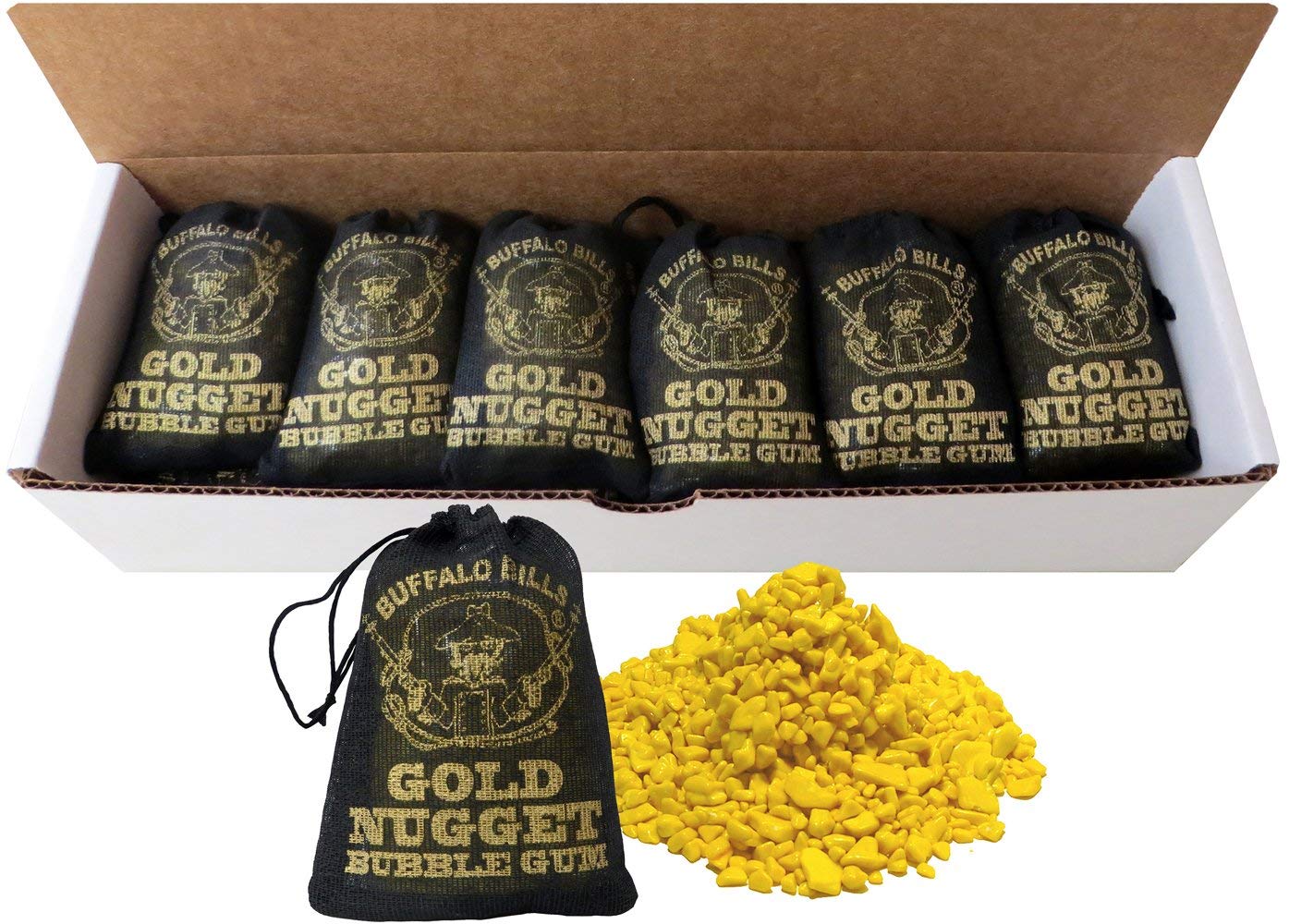 Buffalo Bills Gold Nugget Bubble Gum 15-Ct Boxes (15 black 2oz burlap bags of gold nugget gum)