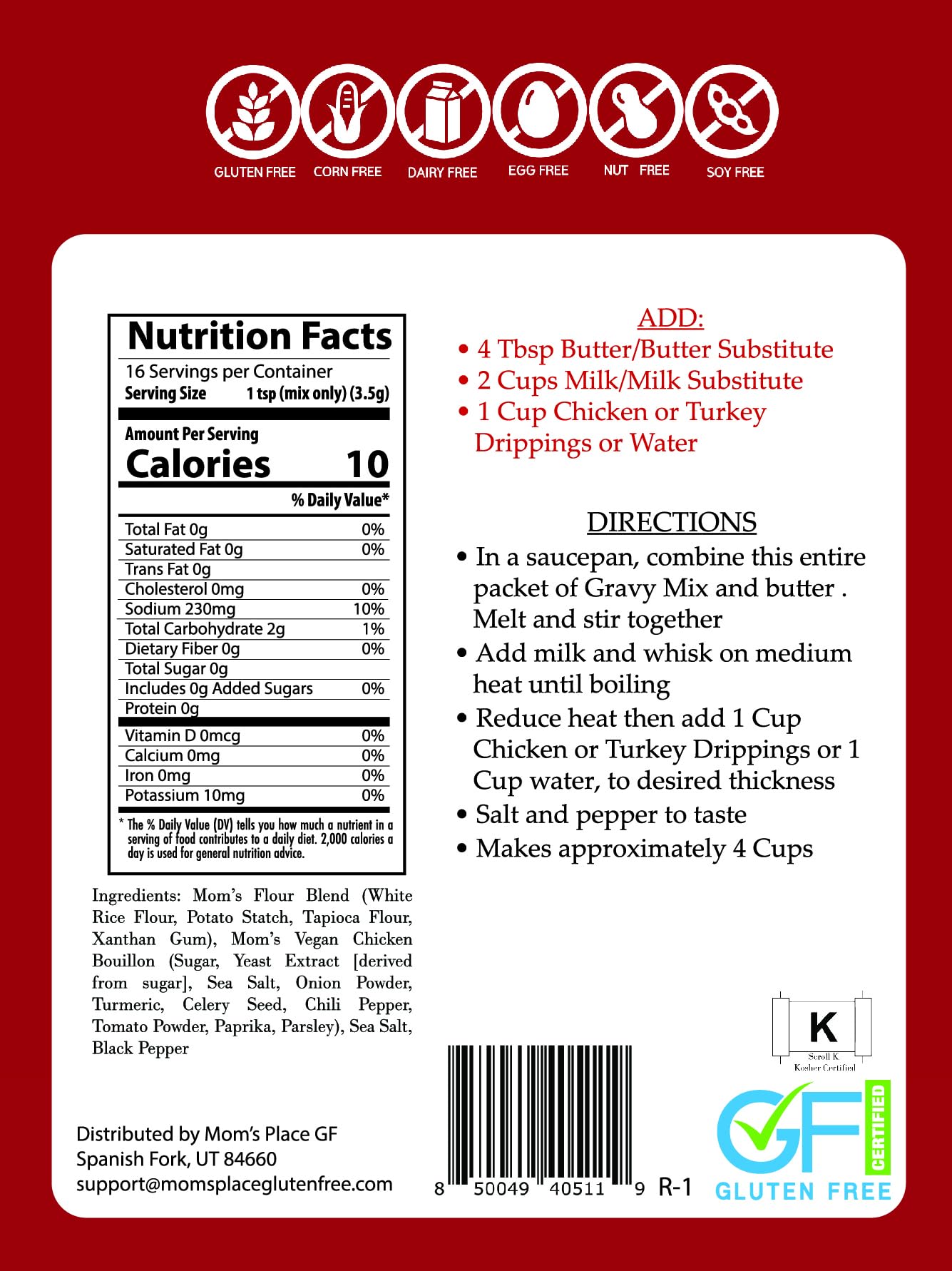 Mom's Place Gluten-Free Chicken or Turkey Gravy Mix, Kosher, Vegan, & Soy, Dairy, Nut & Corn Free, 2.0 oz