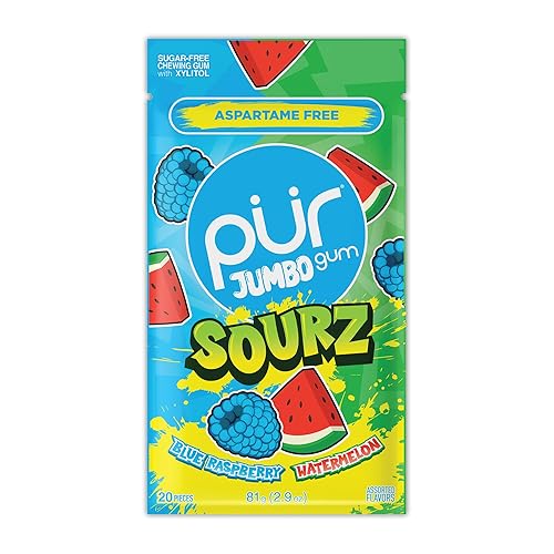 Pur, Jumbo Sourz Gum, Aspartame Free Chewing Gum, 100% Xylitol, Natural Flavor, Sour Blue Raspberry and Sour Watermelon, 20 Count