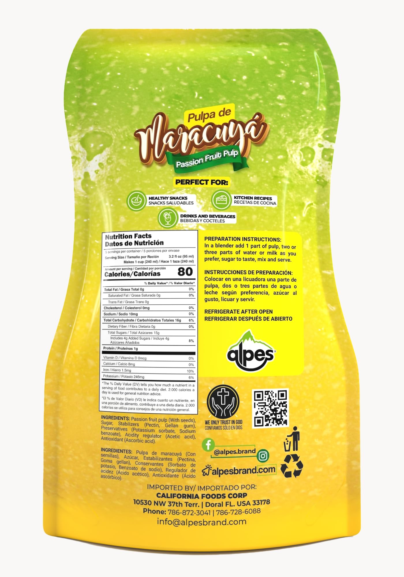Alpes Premium Passion Fruit Pulp with seeds, 100% Real Fruit, Tropical Maracuya (Lilikoi). Ideal for Cocktails, Juices, Smoothies, Desserts, Gourmet