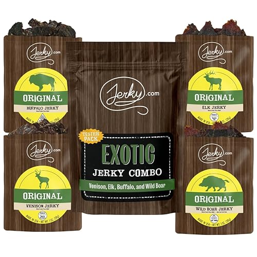 Jerky.com Exotic Jerky Variety Pack | 4pc Wild Game Snacks Sampler with Venison, Elk, Buffalo & Wild Boar | High Protein, Keto, Exotic Jerky Gifts
