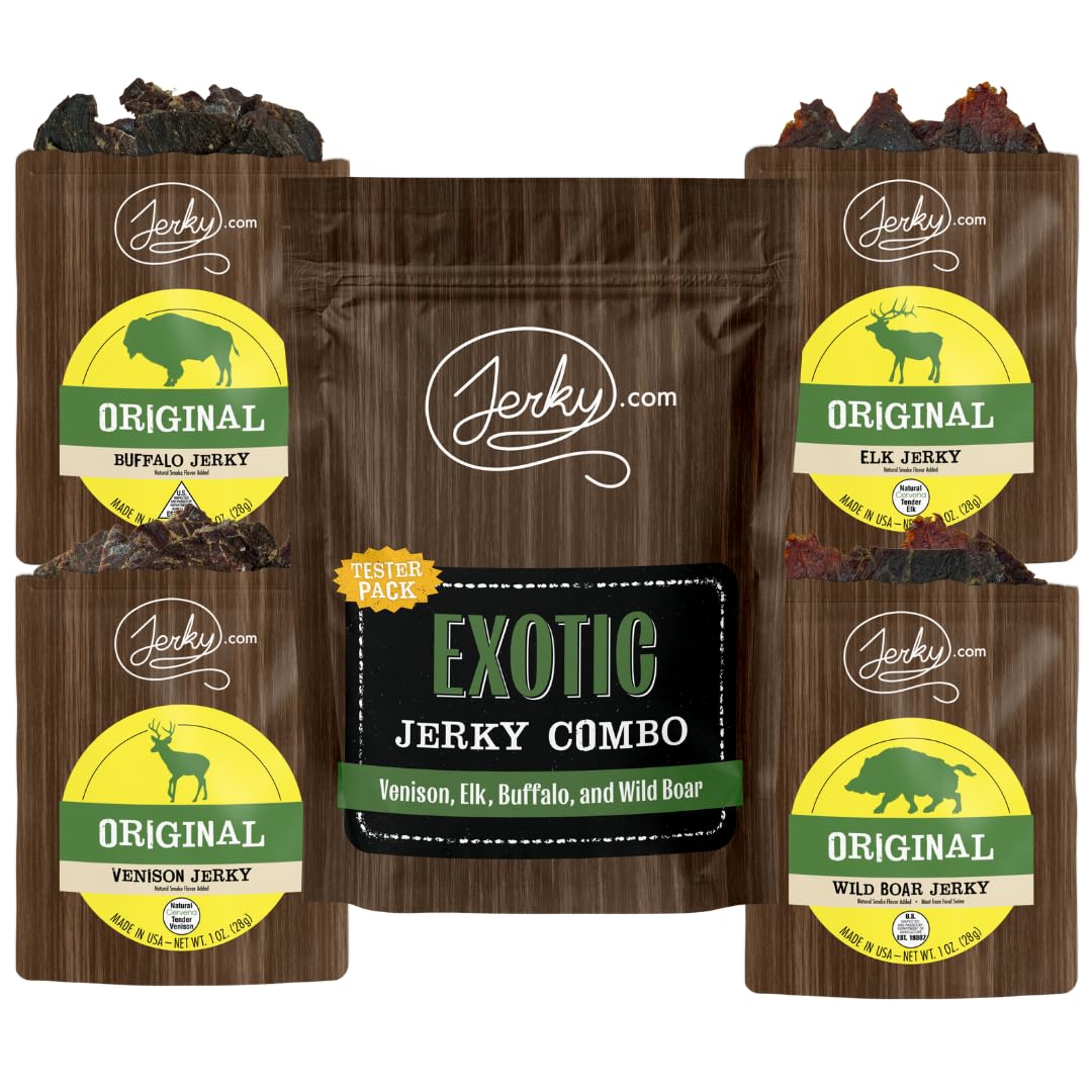 Jerky.com Exotic Jerky Variety Pack | 4pc Wild Game Snacks Sampler with Venison, Elk, Buffalo & Wild Boar | High Protein, Keto, Exotic Jerky Gifts