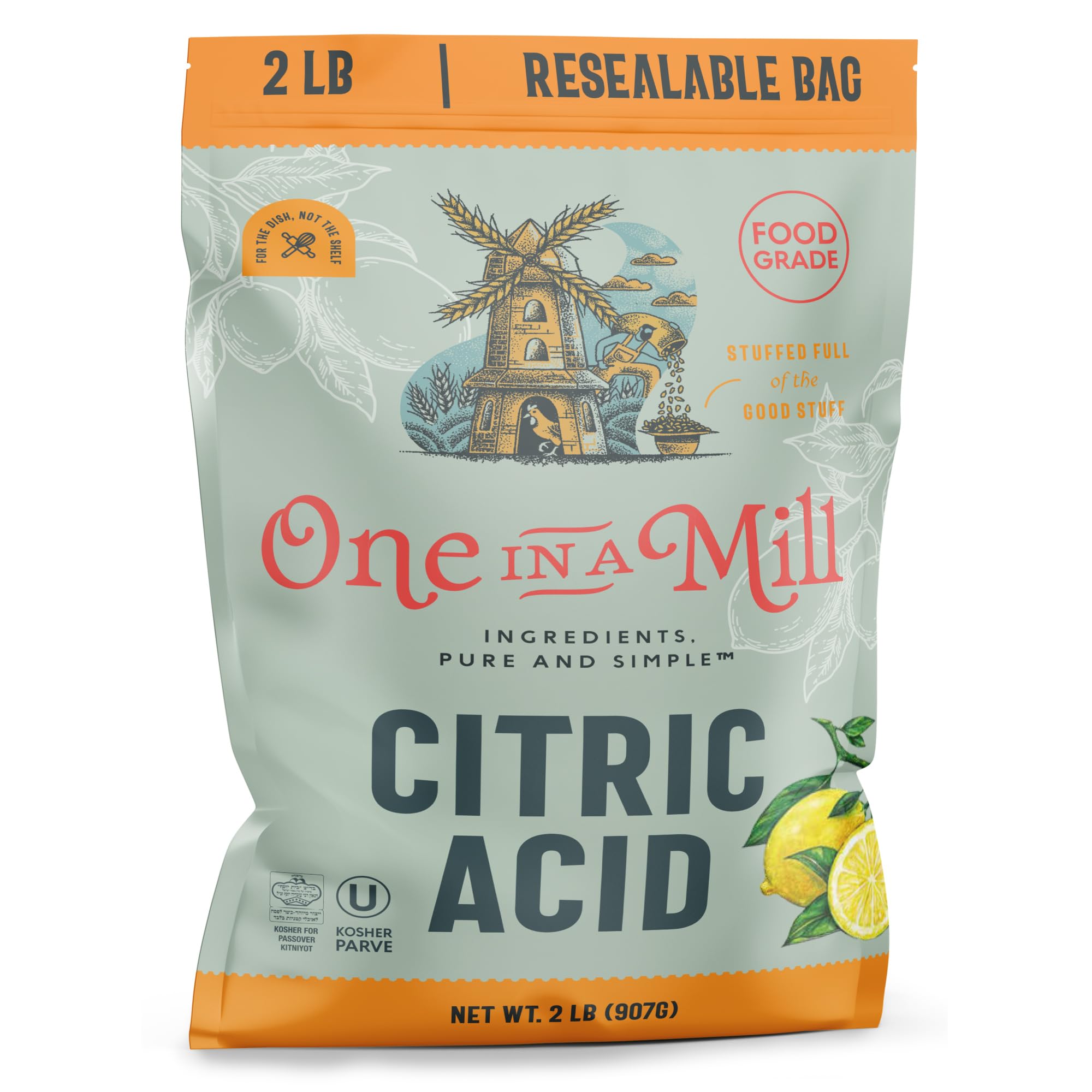 ONE IN A MILL Citric Acid Powder 2LB | Food Grade for Cooking, Baking, Canning, and Cheese Making | All-Natural Preservative & Flavor Enhancer | DIY