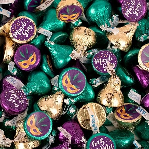 85ct Mardi Gras Stickered Chocolate Kisses in Purple, Green & Gold Foils Festive Wrapped Chocolates for Party Favors, Candy Buffets, Parades