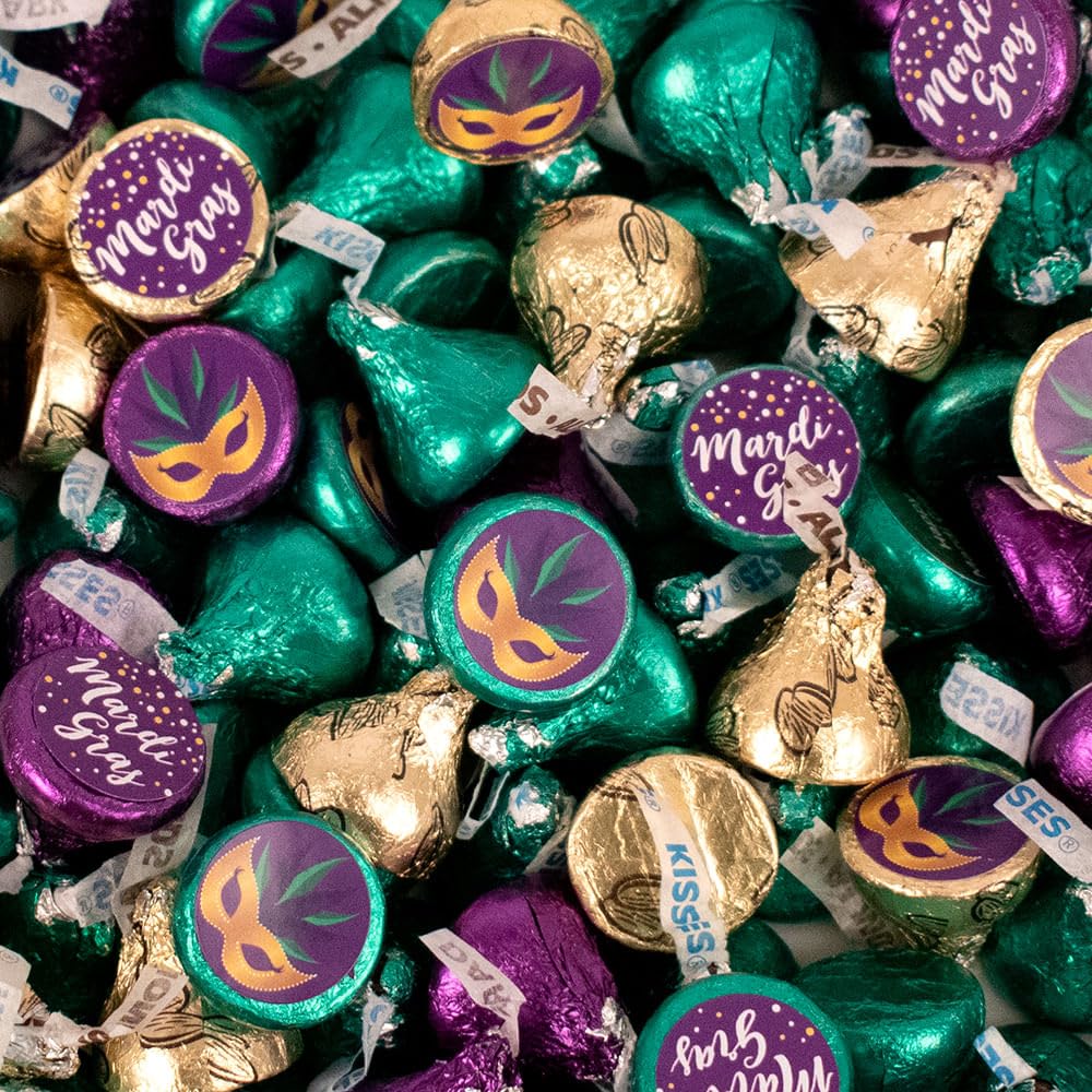 85ct Mardi Gras Stickered Chocolate Kisses in Purple, Green & Gold Foils Festive Wrapped Chocolates for Party Favors, Candy Buffets, Parades