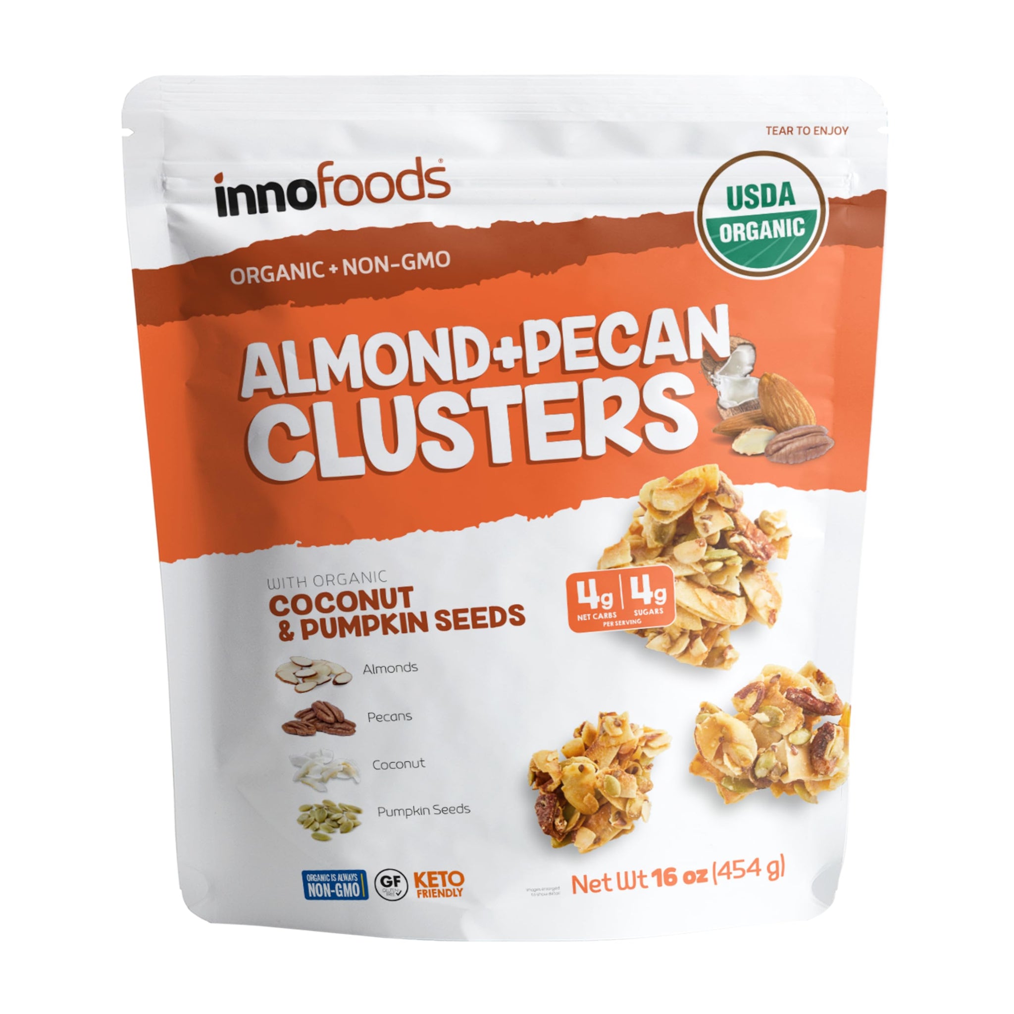 Inno Foods Organic Almond Pecan Clusters, Gluten Free, Keto Friendly, 3 Pack, 16 oz Each