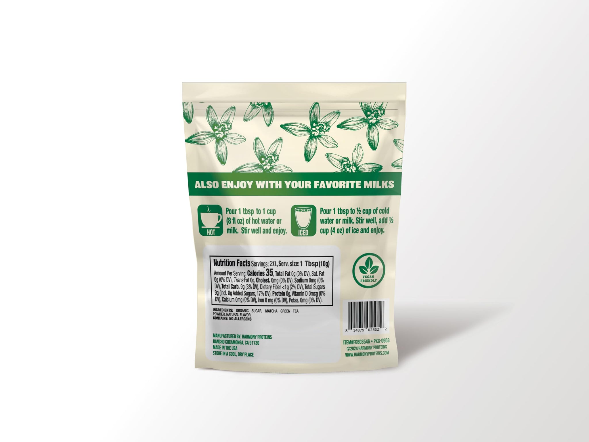 The Harmony Matcha Vanilla (7.05oz Bag - 20 Servings) Premium Sweetened Japanese Matcha Powder, Rich in Antioxidants & L-Theanine, Dairy, Gluten