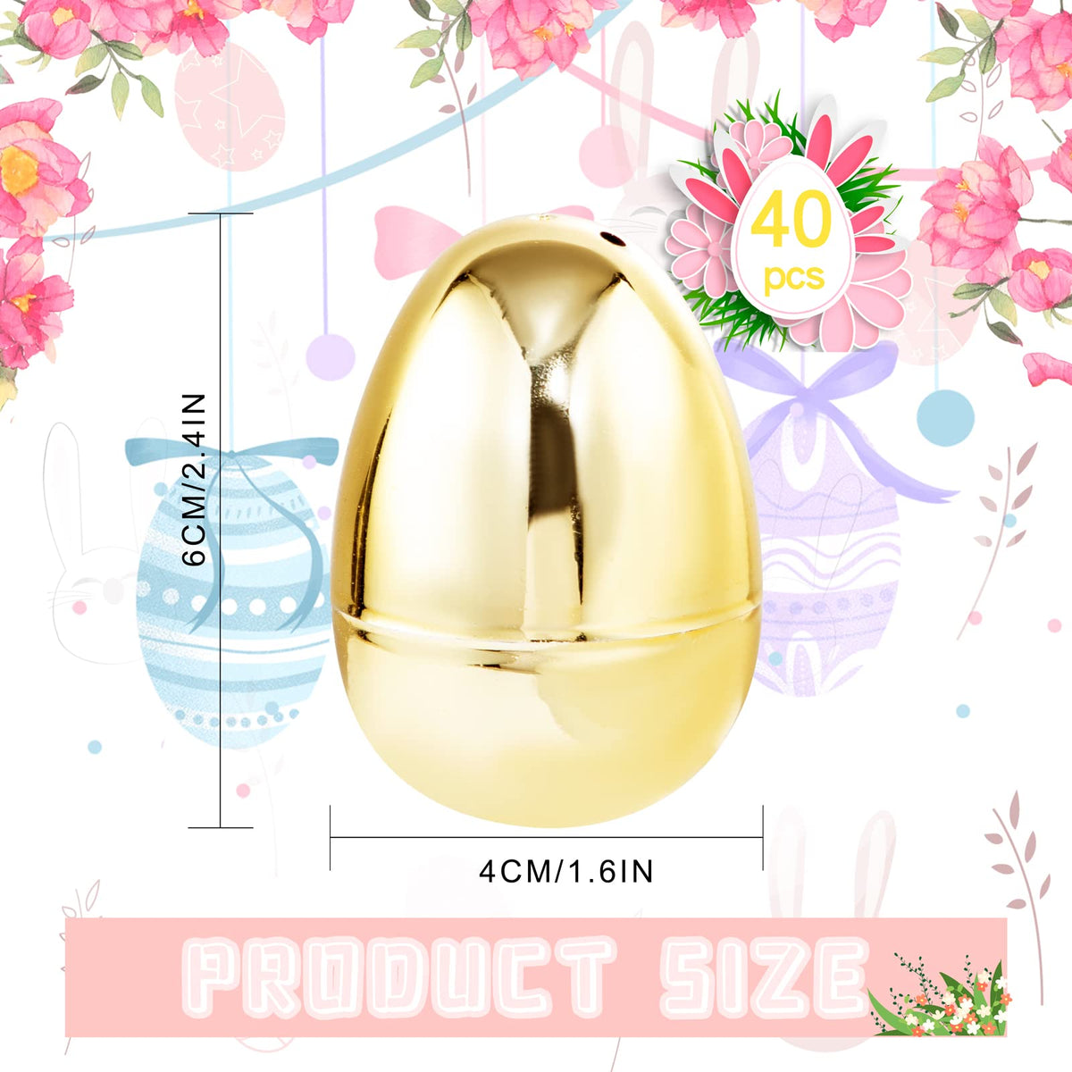 supernal 40 Pcs Large Gold Plastic Eggs, 3.1" Fillable Golden Metallic Eggs