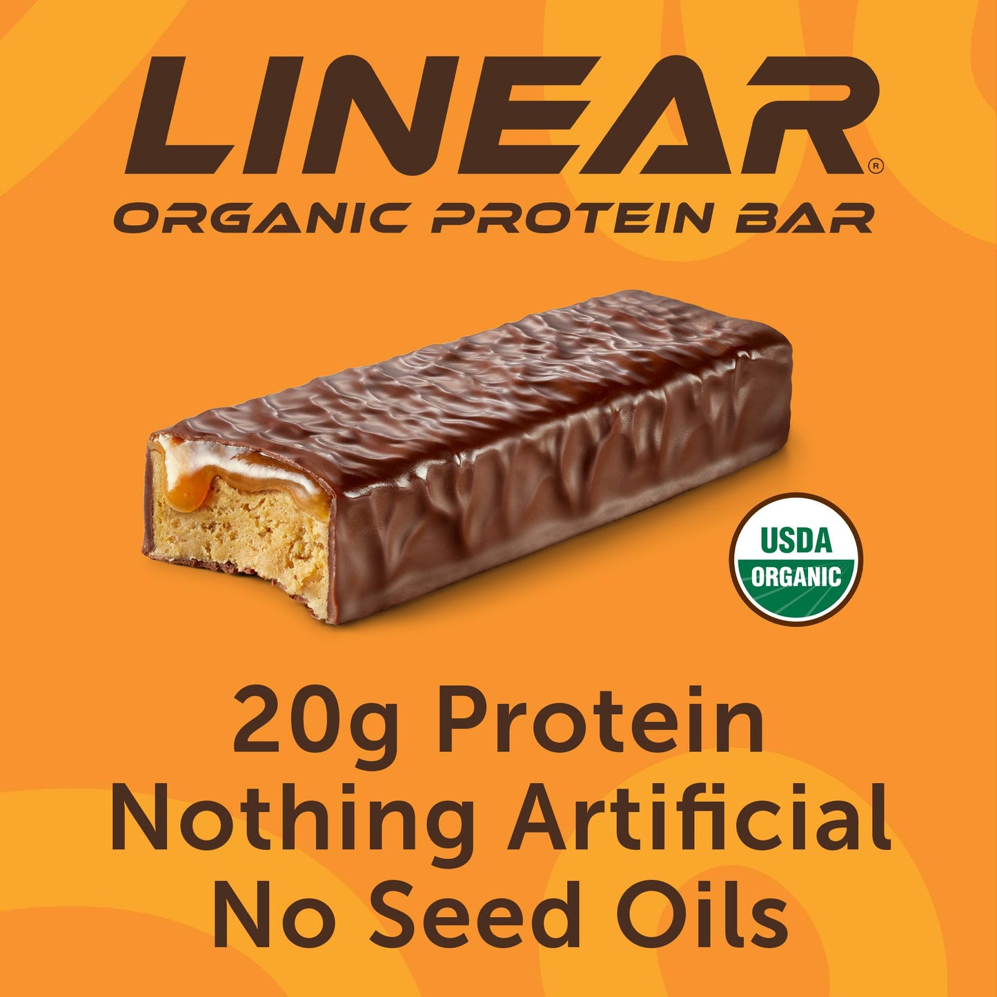 Linear Protein Bar Chewy Gooey Caramel, 20g Organic Whey Protein Bars, 10g Fiber, No Seed Oils, No Sucralose, USDA Organic, Gluten Free, 12 Pack