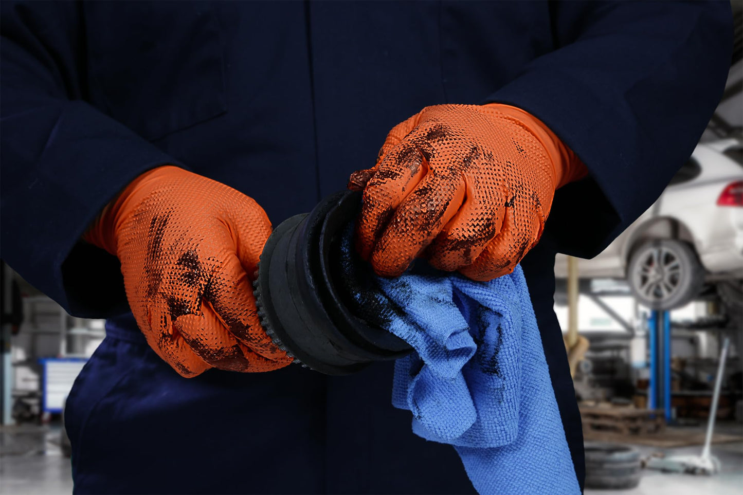 GLOVEWORKS Industrial Orange Disposable Gloves, Flock-Lined Nitrile Gloves, Raised Diamond Texture, 8 mil, Medium, Box of 50