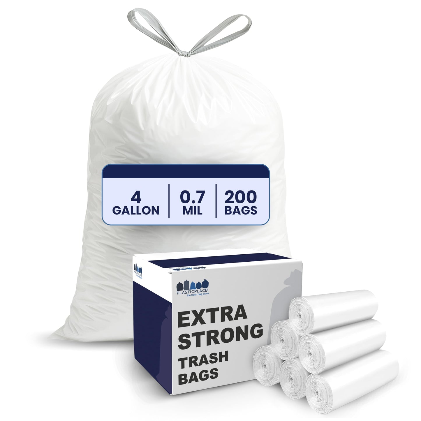 Plasticplace 4 Gallon White Drawstring Trash Bags, 200 Count (Pack of 1) - 0.7 Mil Leak-Proof Garbage Liners for Small Trash Can, Bathroom, Kitchen