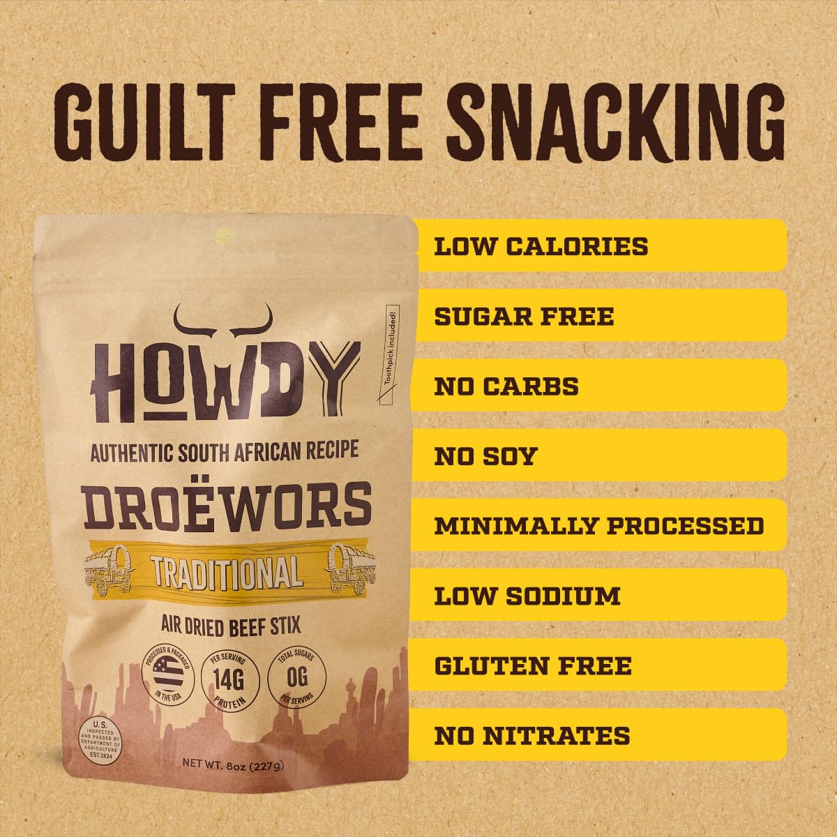 Howdysnax Handcraft Authentic Small Batch Droëwors Beef Sticks Sugar Free, Soy Free, Paleo & Keto Friendly Snack