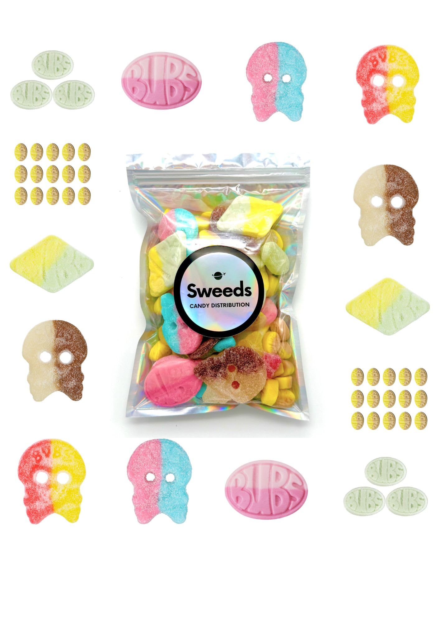 Bubs Swedish Candy Mix- 1.1lb Sweet and Sour Candy Variety Pack- Colorful Shapes, Foamy & Fruity Swedish Gummy Candy Bulk in Resealable Pouch
