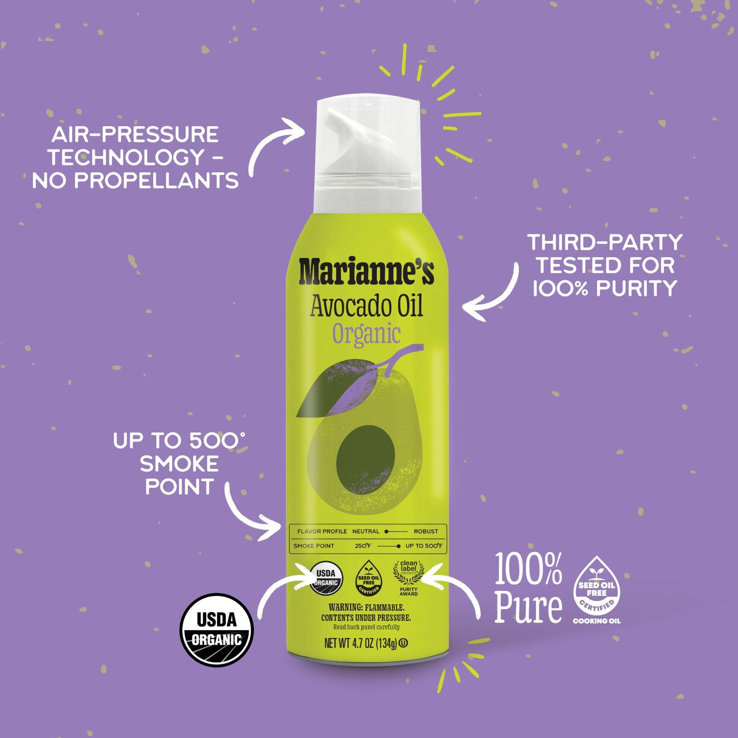 Marianne’s Organic Avocado Oil Spray: 100% Pure Avocado Oil Cooking Spray, Neutral Flavor, High-Heat Cooking Up to 500°F, Propellant-Free, USDA Organic