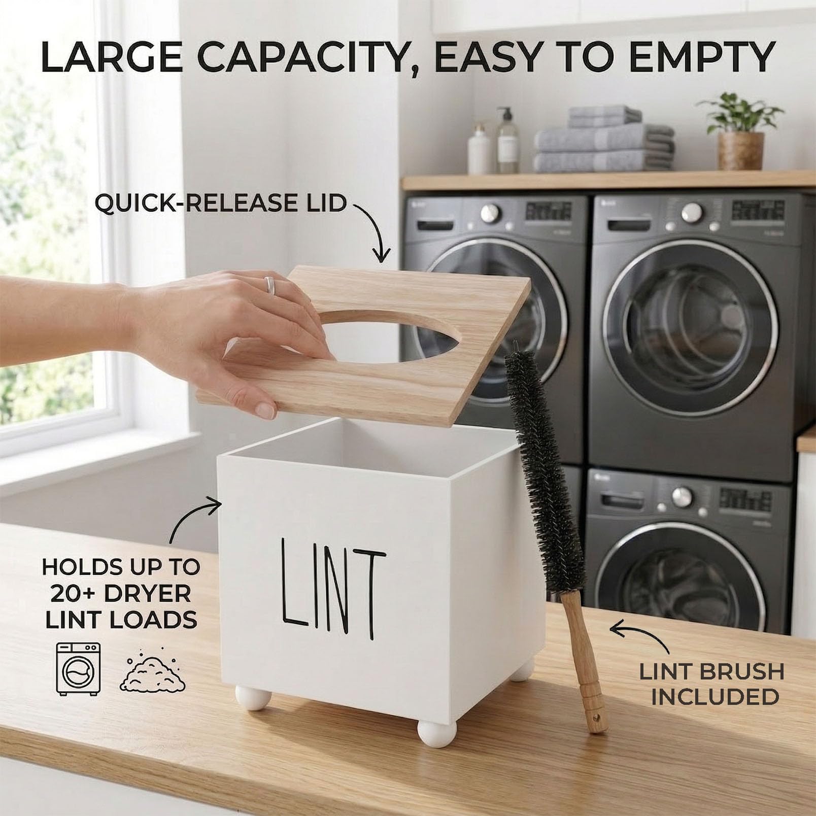 CHONIC Lint Bin for Laundry Room, Farmhouse Lint Box, Wooden Lint Holder with Lid, Lint Container for Laundry Room Decor, Dryer Lint Trash Can