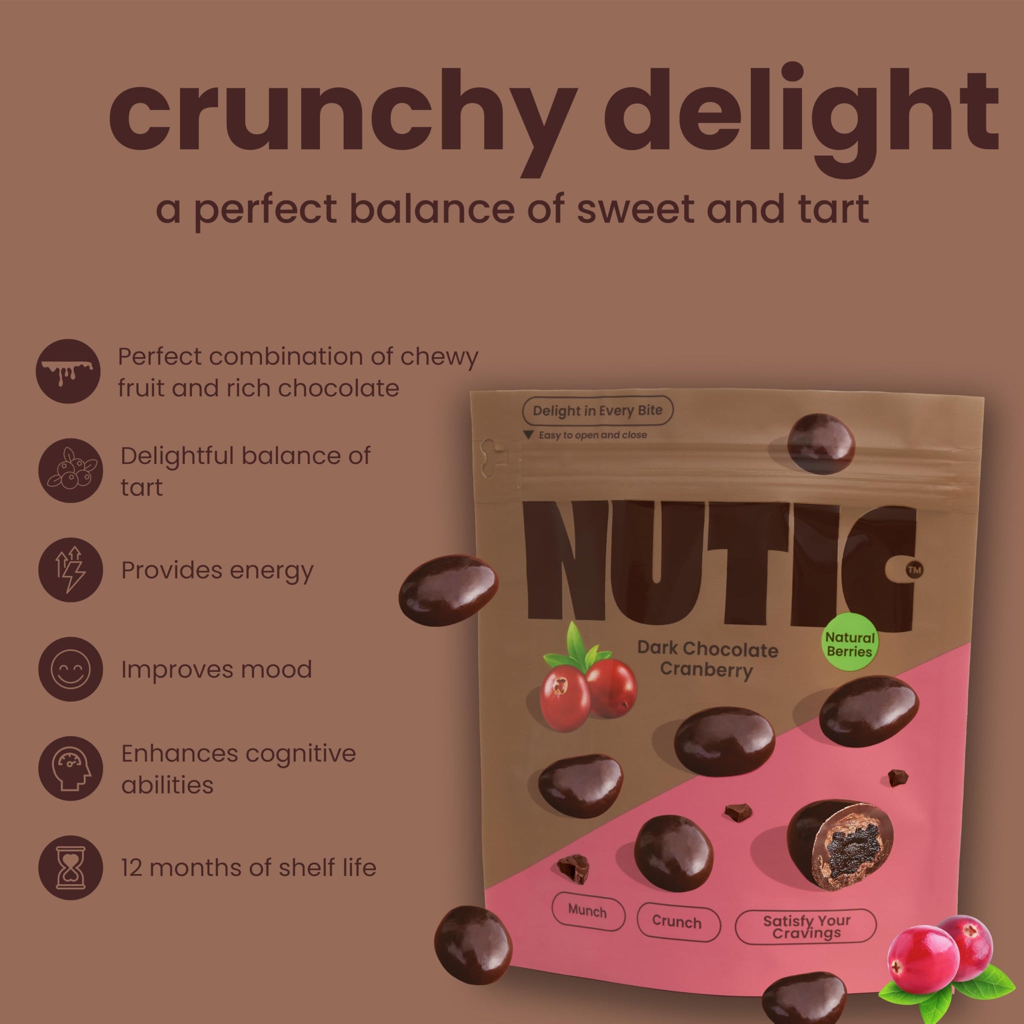 Nutic Dark Chocolate Covered Cranberries - 1LB, Luscious Treats for Snacking & Gifting, Tempting Chocolate-Engulfed Fruit for Holidays and Everyday