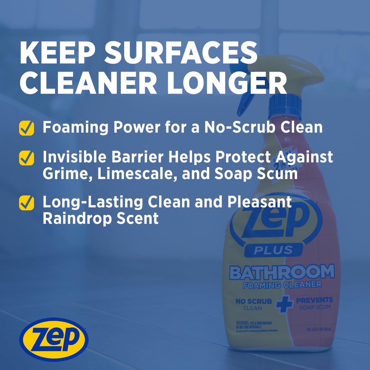 Zep Plus Bathroom Foaming Cleaner 32 oz (2 Units) with a Blue Microfiber Rag ECBD021 - Fight Soap Scum and Hard Water with our powerful Bathroom