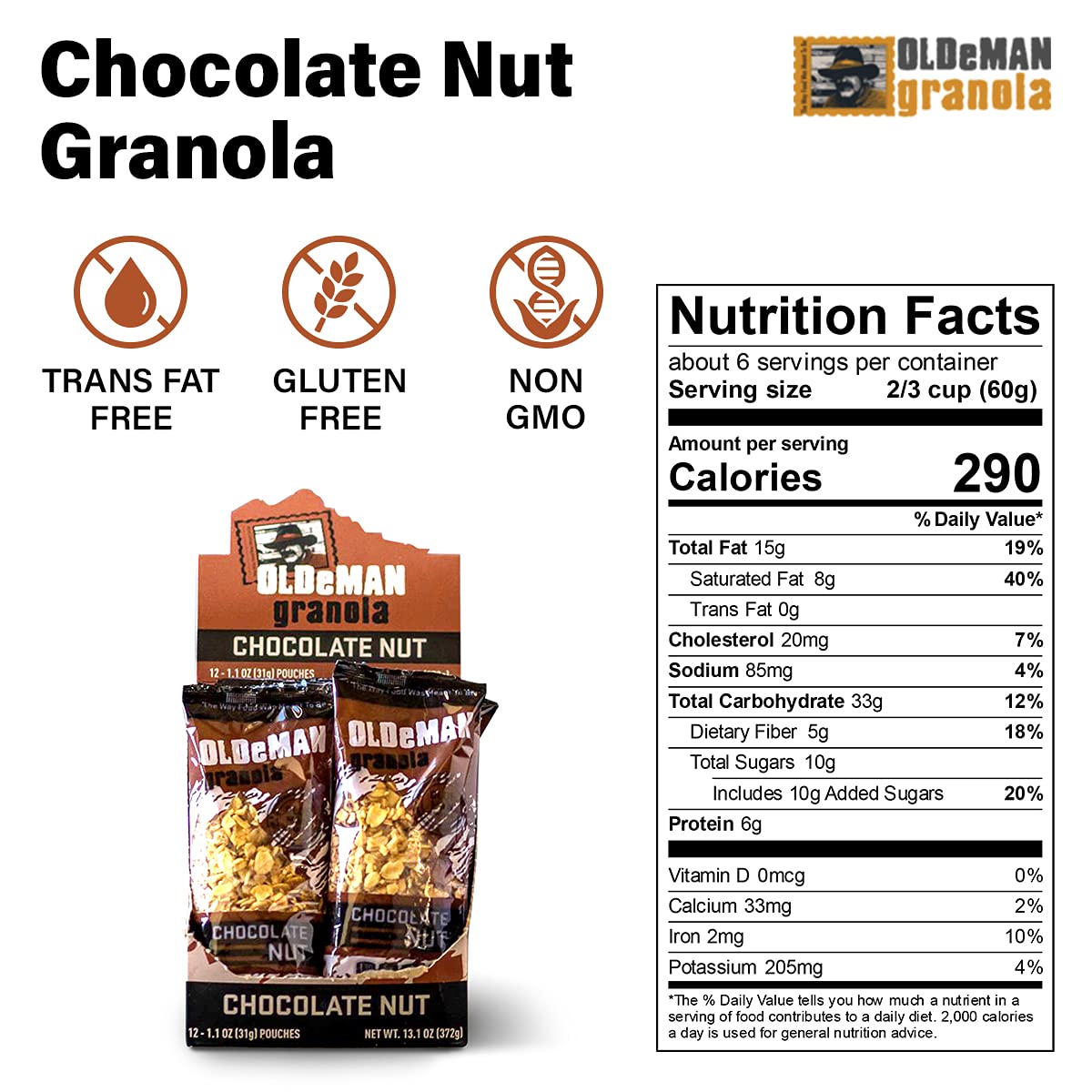 Olde Man Granola Gluten Free Granola - Non-GMO Healthy Granola Cereal - Soft Whole Grain Oats, Butter, Brown Sugar - Handmade in Colorado (Chocolate