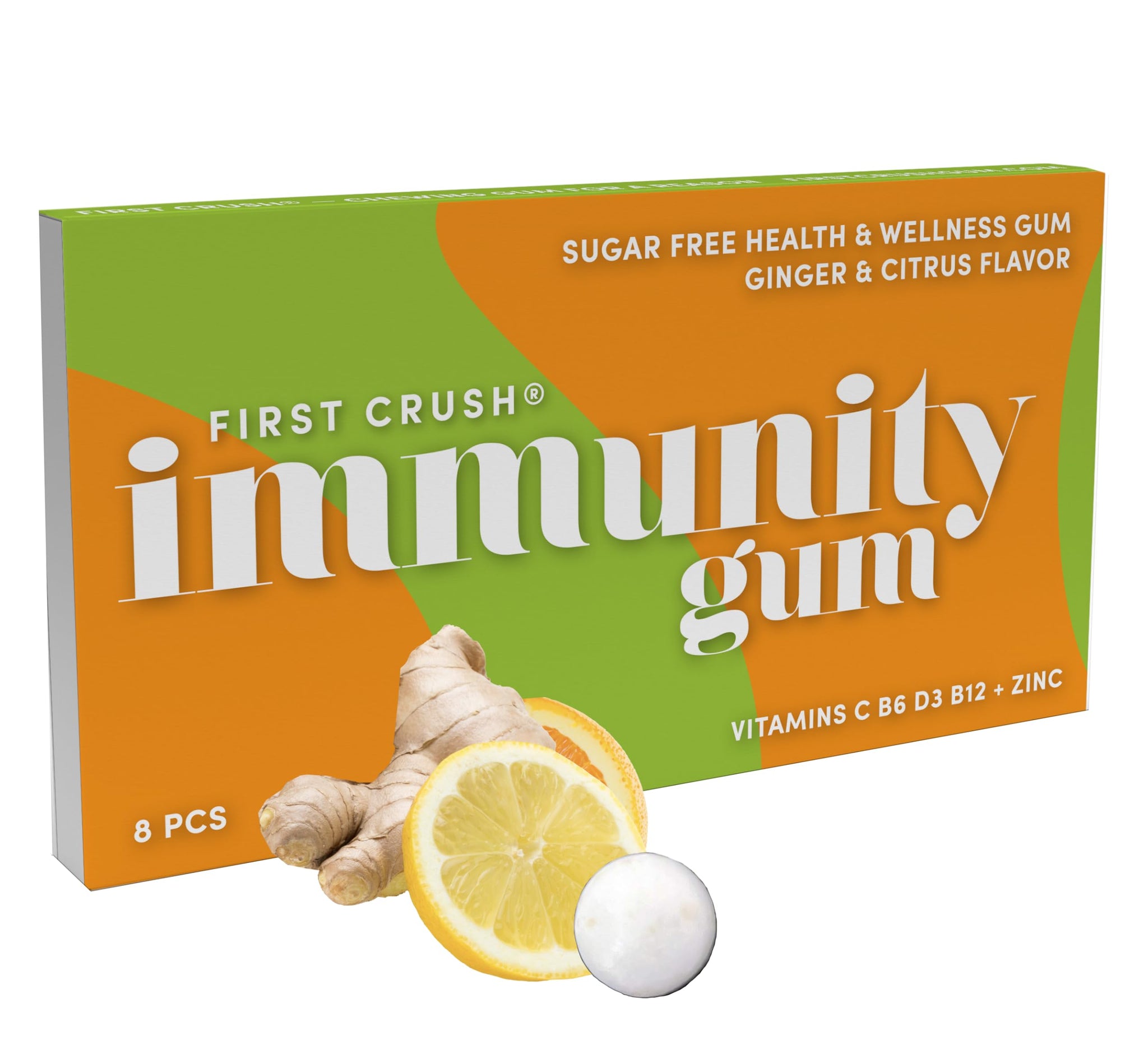 First Crush Immunity Gum | Health Wellness Gum with Vitamin B12, Vitamin C, Vitamin D & Zinc | Sugar Free