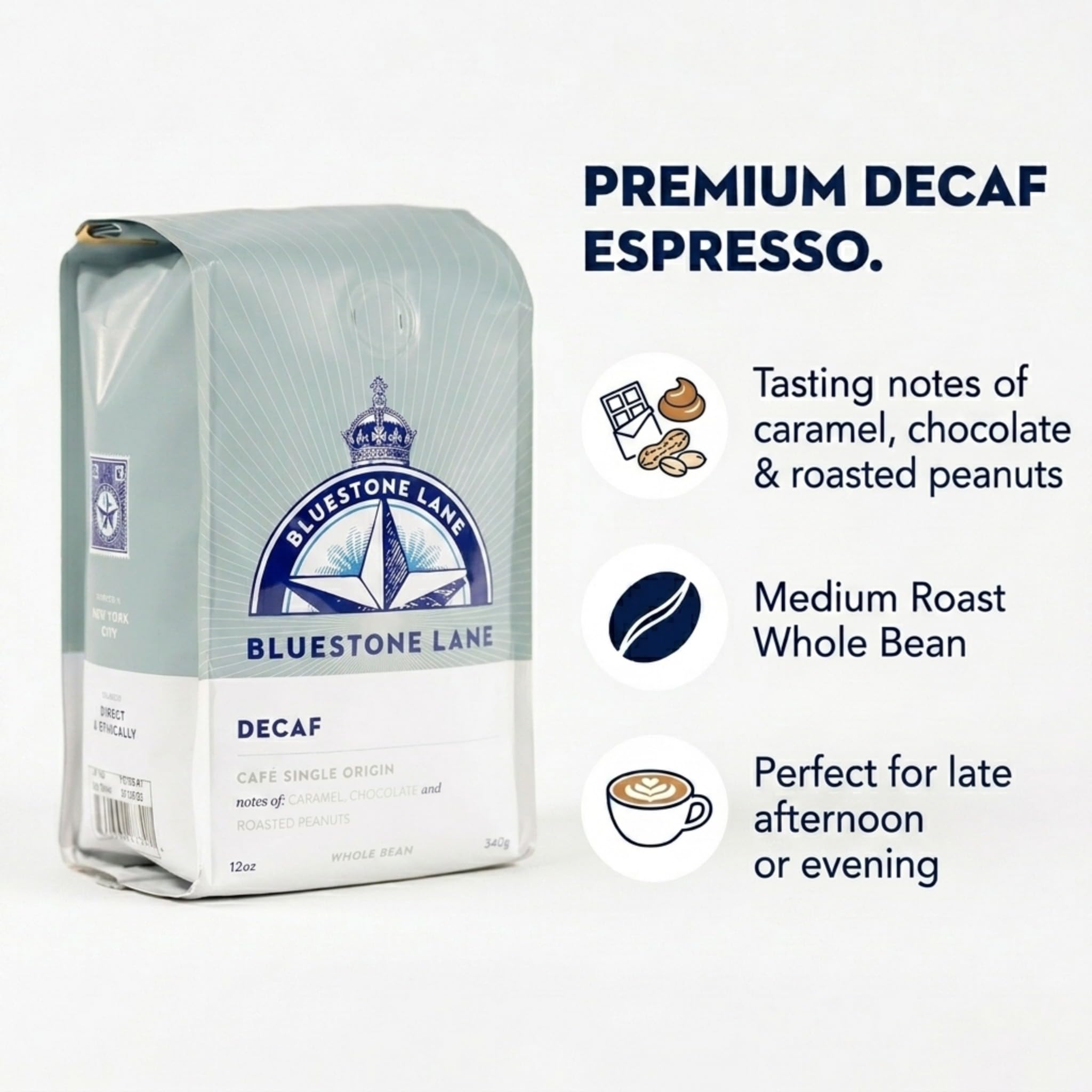 Bluestone Lane Coffee, Decaf Colombian Espresso Beans, Medium Roast, Whole Bean, 12 Ounce Bag, Fresh Roasted Single Origin