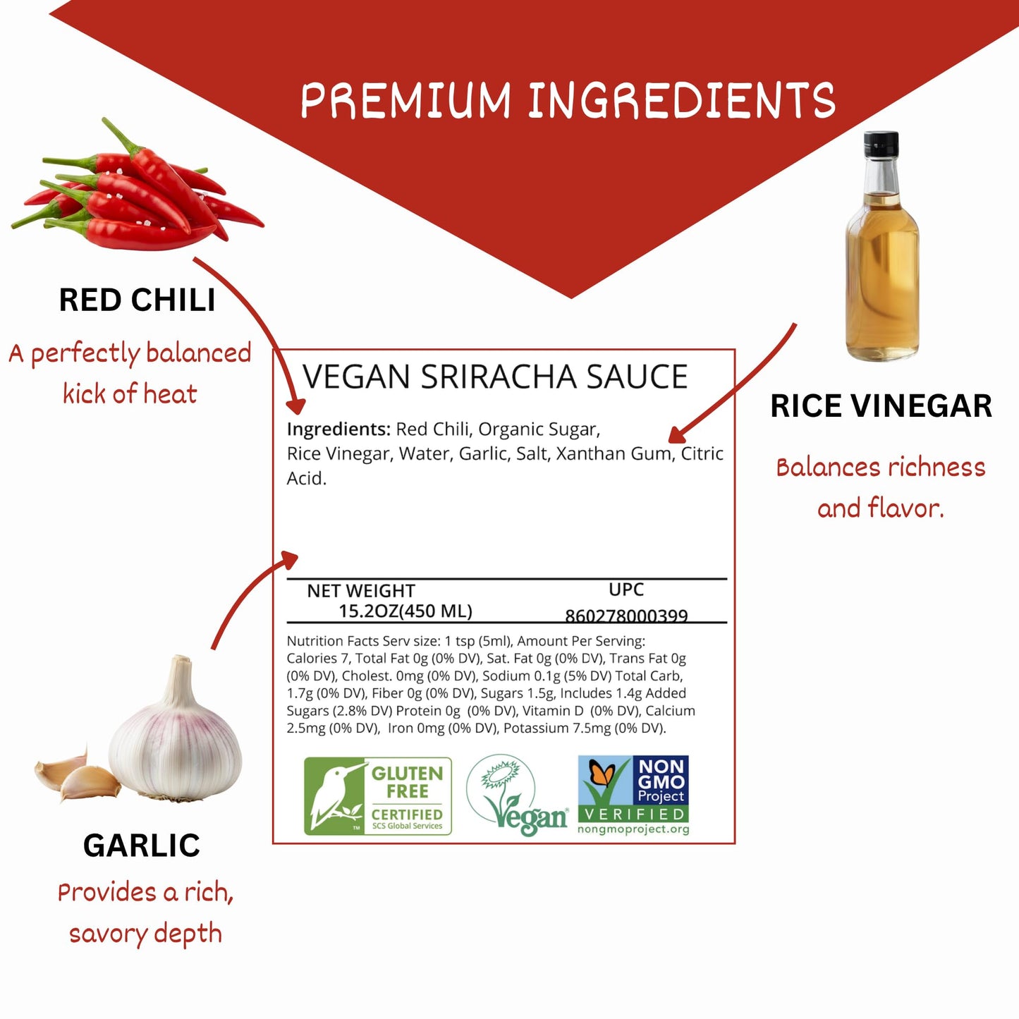 24Vegan All Natural Sriracha Hot Sauce - Clean Label, Chili Garlic Flavor, Non-GMO, No Preservatives, Certified Vegan Hot Sauce | 15.2 fl oz