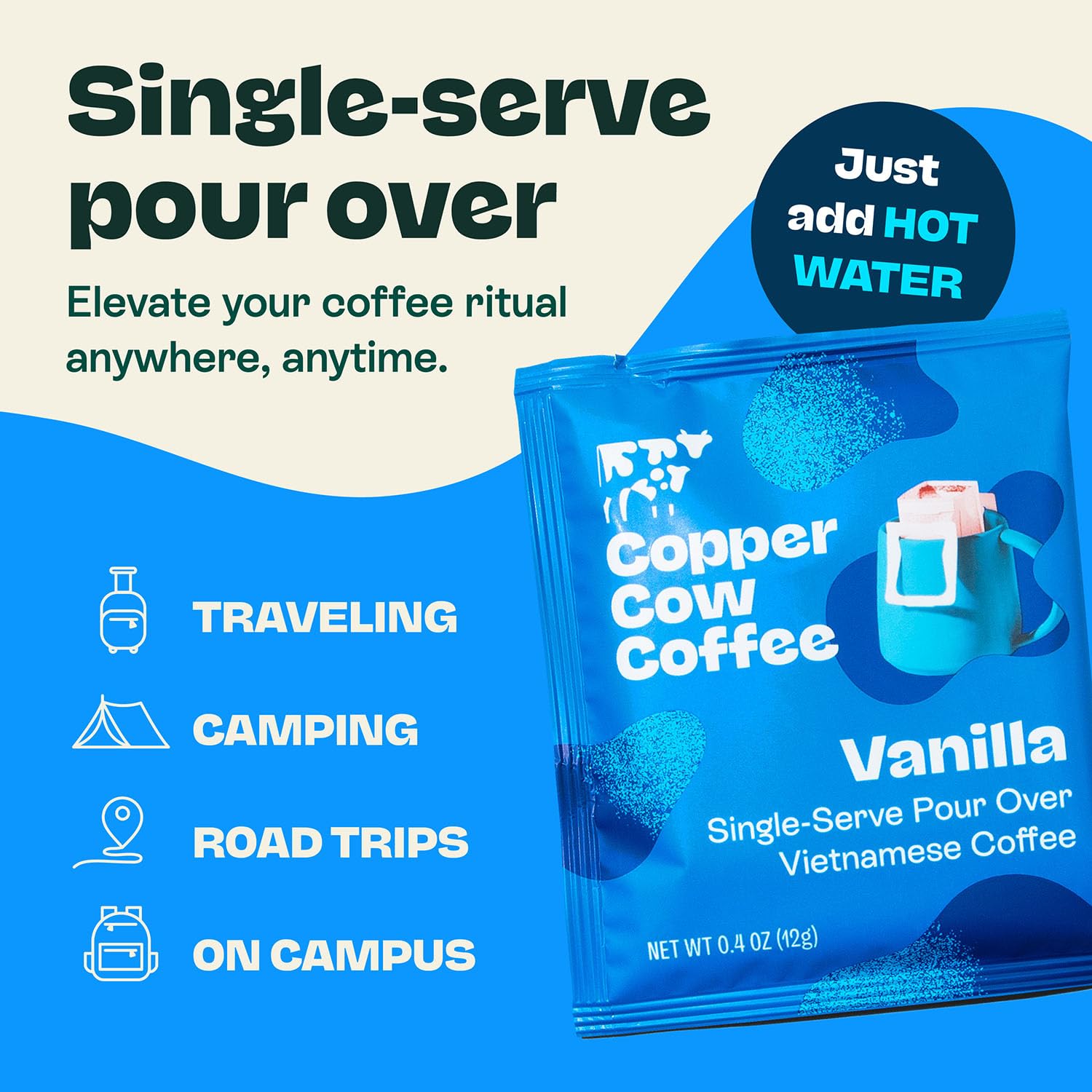 Copper Cow Coffee Premium Pour Over Single-Serve Vietnamese Coffee Pouches (8 pack) | Vanilla | Dark Roast | Flavored with Vanilla Beans | Convenient