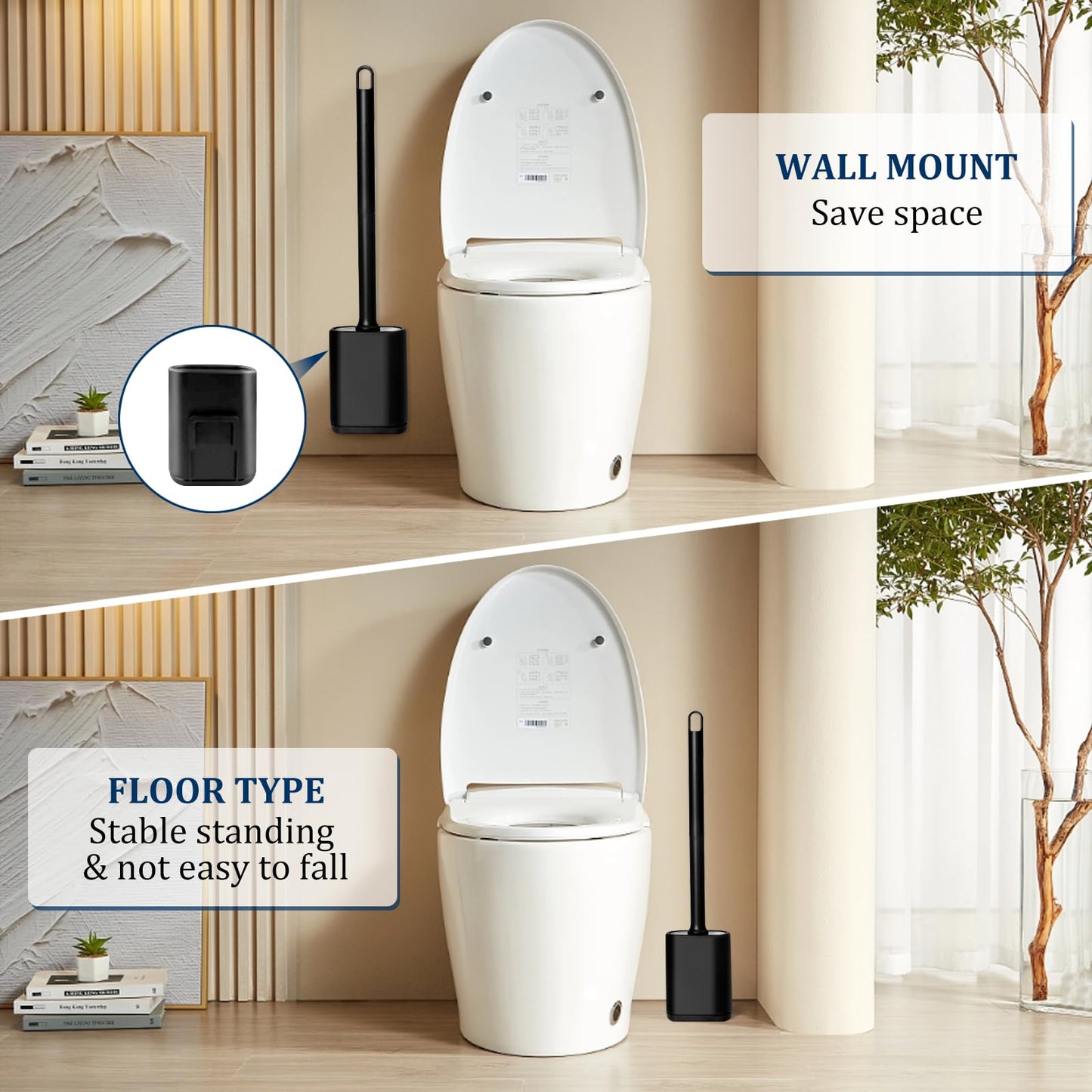 Silicone Toilet Brush and Holder Set, Toilet Brushes with Ventilated Holder, Wall Mounted Toilet Bowl Brush with Long Handle Bendable Brush Head