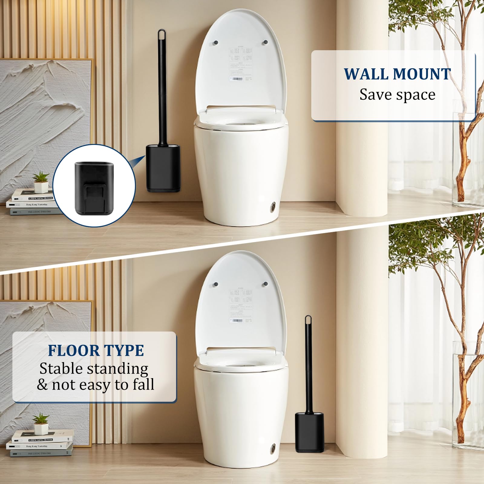 Silicone Toilet Brush and Holder Set, Toilet Brushes with Ventilated Holder, Wall Mounted Toilet Bowl Brush with Long Handle Bendable Brush Head