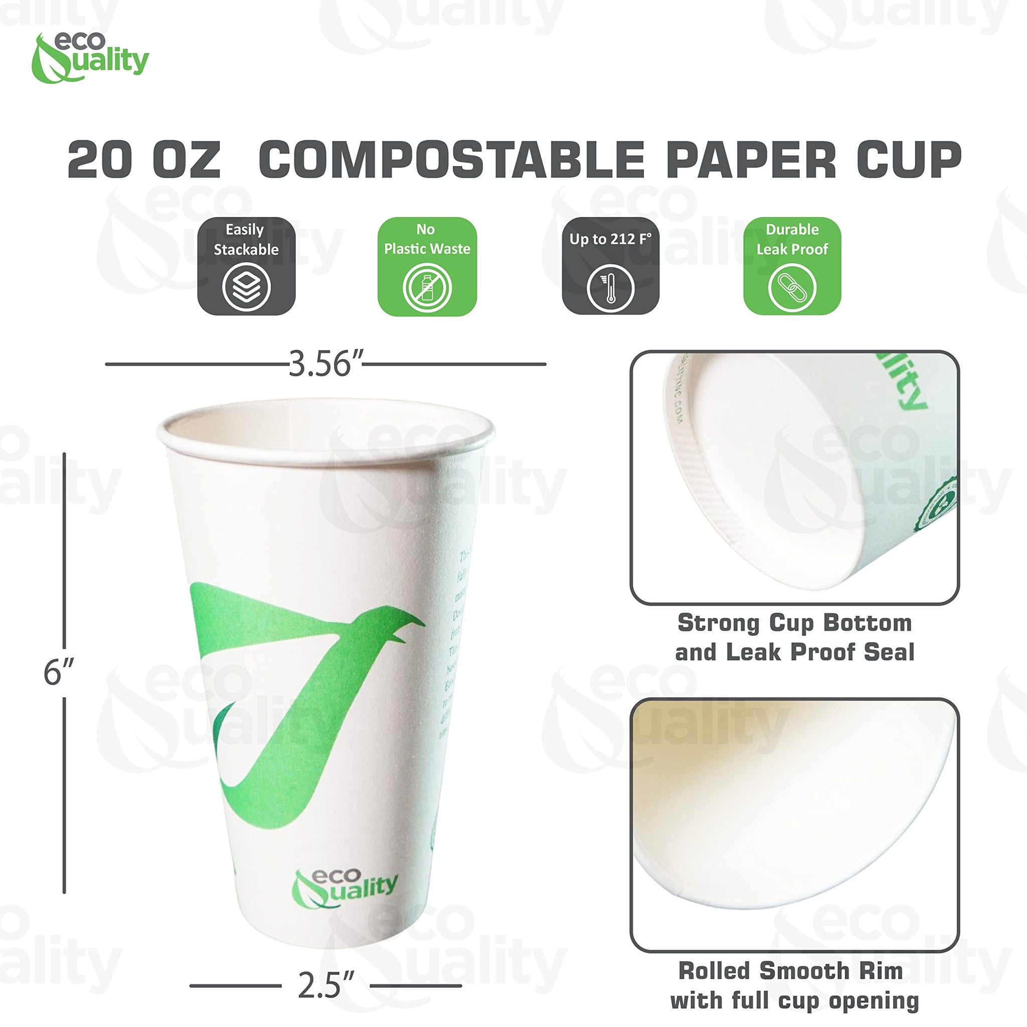 EcoQuality 20 oz Compostable Paper Cups - Biodegradable Disposable White Paper Coffee Cups PLA Lined - Eco-friendly Hot and Cold Drinking Cups