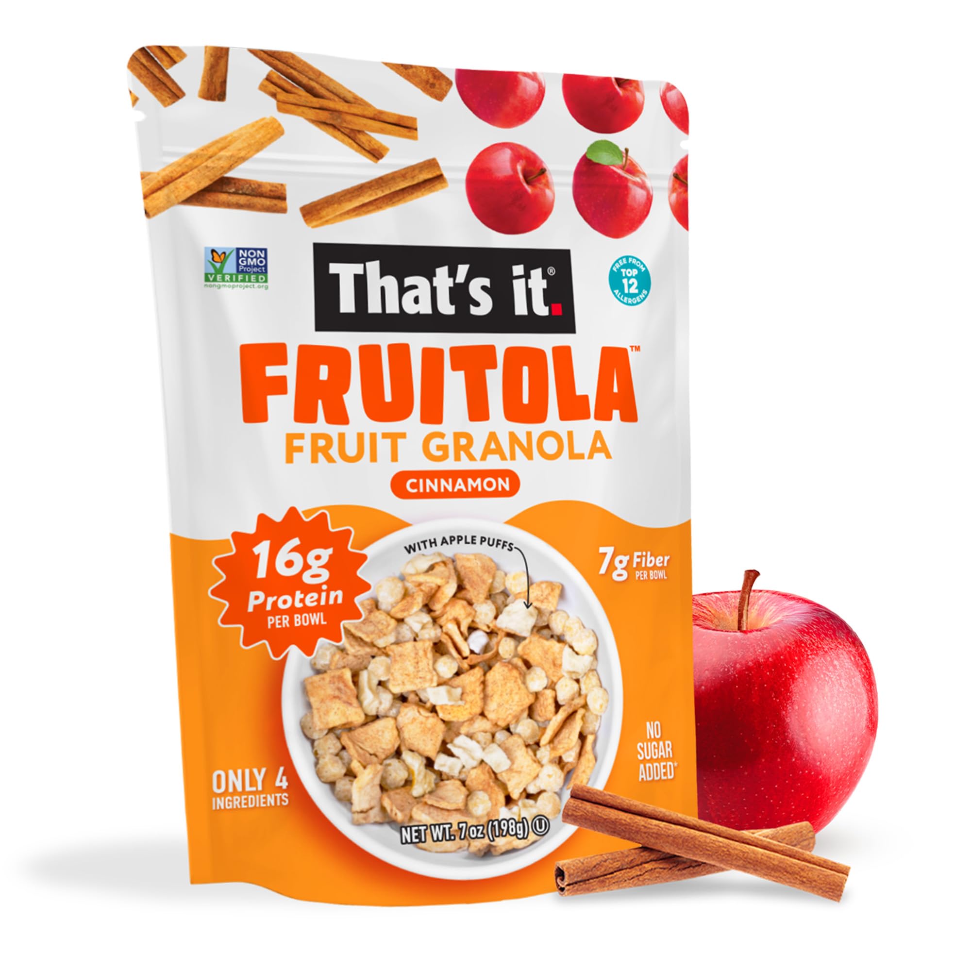 That’s it. Fruitola Fruit Granola - Cinnamon, 16g Plant-Based Protein + 7g Fiber from Fruit Per Bowl, 100% Real Fruits, Only 4 Ingredients, Zero Added