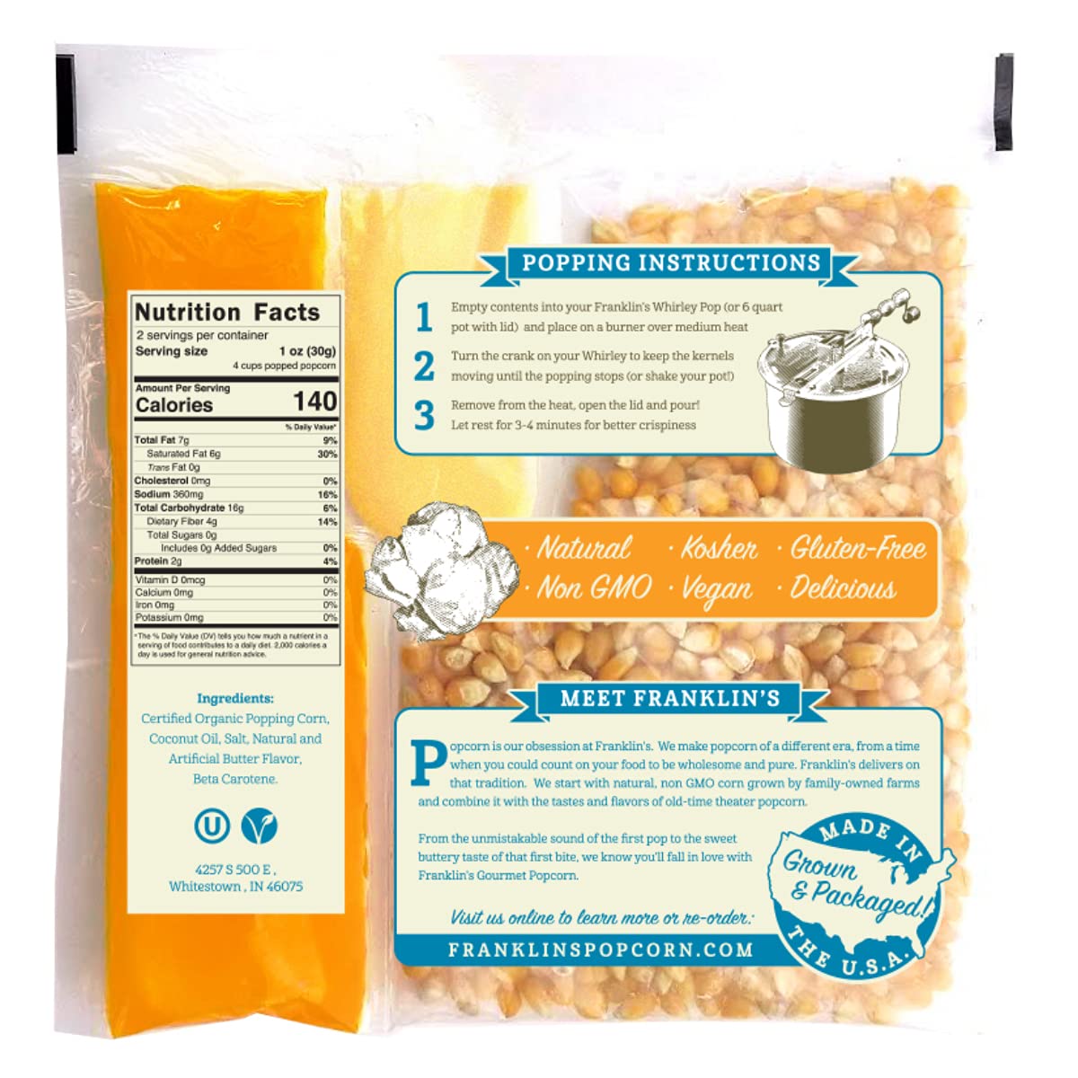 Franklin’s Gourmet Popcorn All-In-One Pre-Measured Packs - 4oz. Pack of 10 - Butter Flavored Coconut Oil + Butter Salt Popcorn Seasoning + Organic