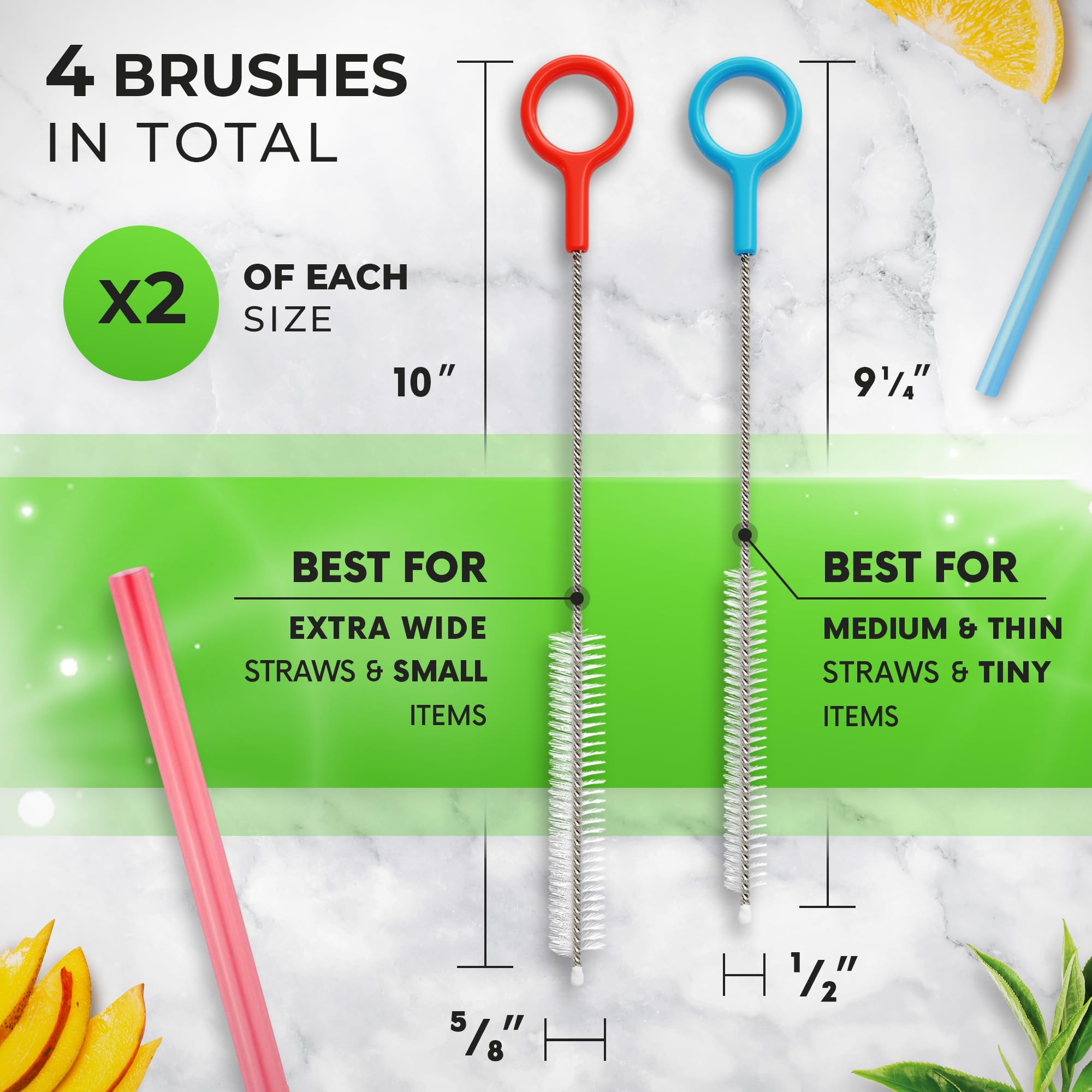 Buenalife Heavy Duty Cleaning Brushes Set of 4 - Extra Long Straw Cleaners for Metal and Plastic Reusable Drinking Straws, to Clean Small Spaces