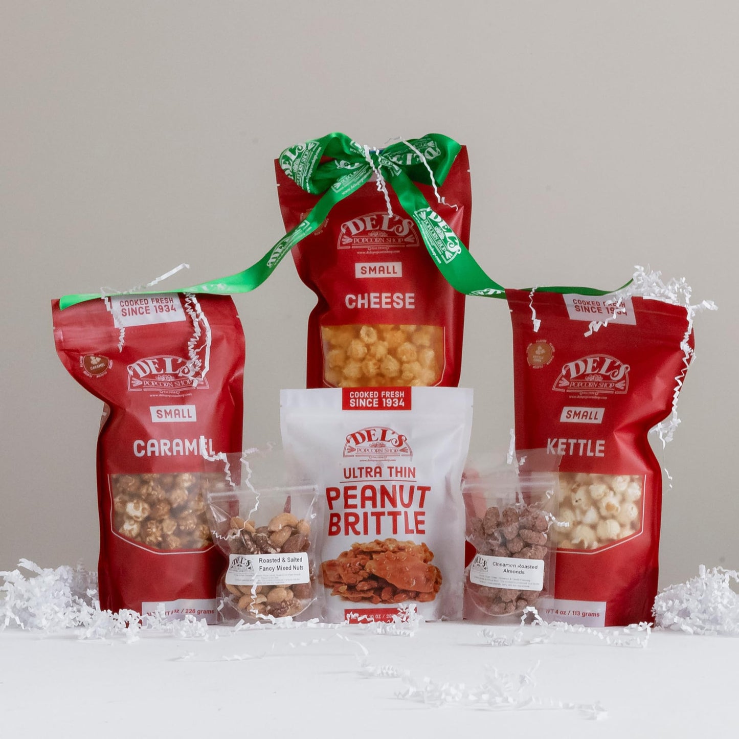 Gourmet Popcorn Gift Set - Wrapped and ready to gift! Est 1934 - Caramel Popcorn, Cheese Popcorn, Kettle Corn, Peanut Brittle, Cinnamon Roasted
