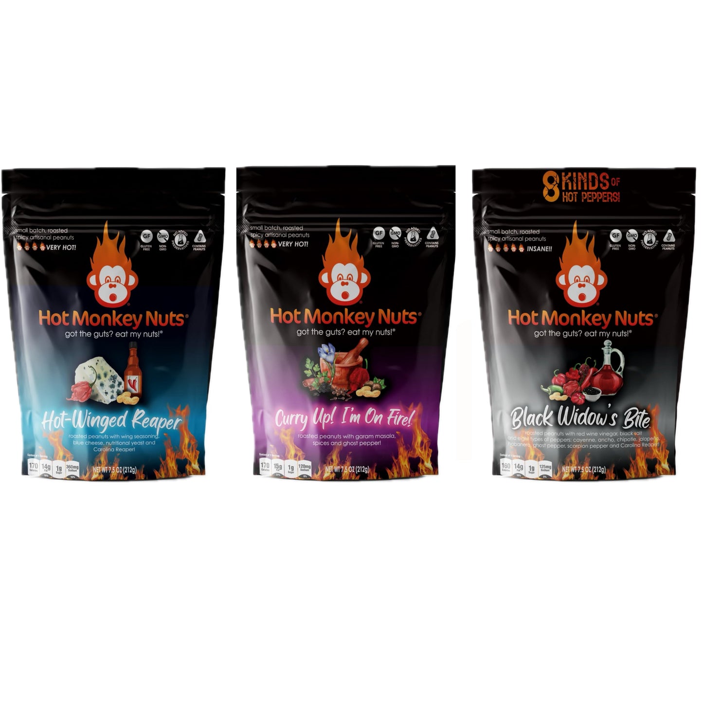 3-Pack Spiciest Peanuts | Black Widow's Bite, Hot-Winged Reaper, and Curry Up! I'm on Fire - Spicy Nuts - 3 Hottest Flavors | Hot Monkey Nuts Spicy