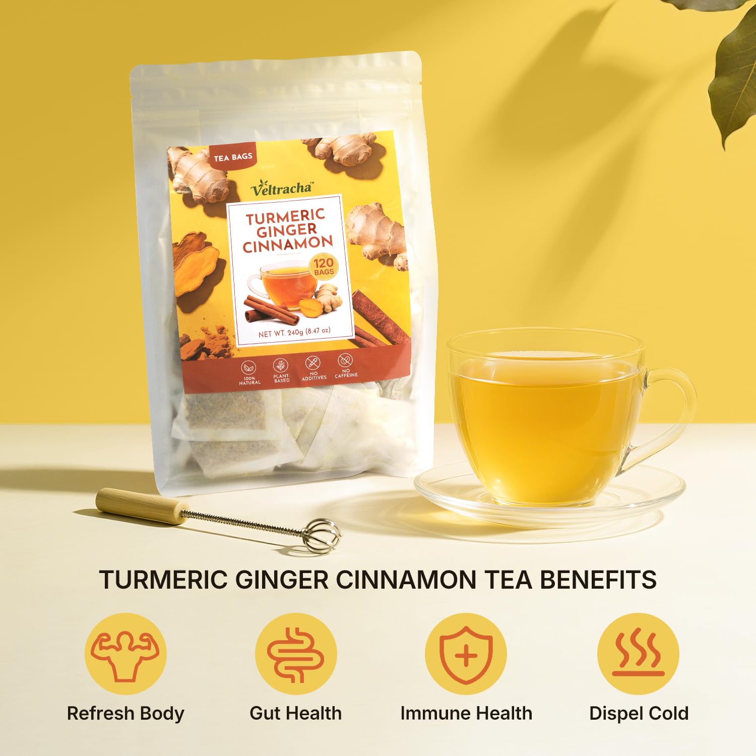 Premium Turmeric Ginger Cinnamon Tea Bags, 120 Tea Bags 100% Natural Hand-made Blend Ginger Turmeric Herbal Tea, Cleaning Energy Support Intestinal