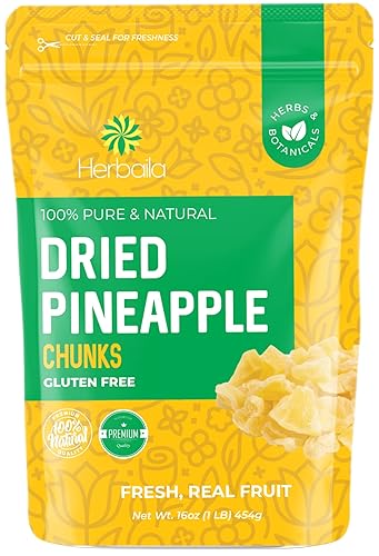 Herbaila Dried Pineapple Chunks, 1 Pound. Dehydrated Pineapple Chunk, Dehydrated Pineapple Bulk, Dried Pineapple Bits. All Natural, Non-GMO, Lightly