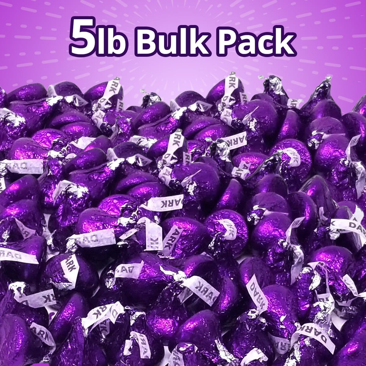 Bulk Dark Chocolate Kisses Candy 5 Pound Pack - Individually Wrapped Purple Foiled Chocolate Candy Mildly Sweet Treats for Sharing, Party Favors