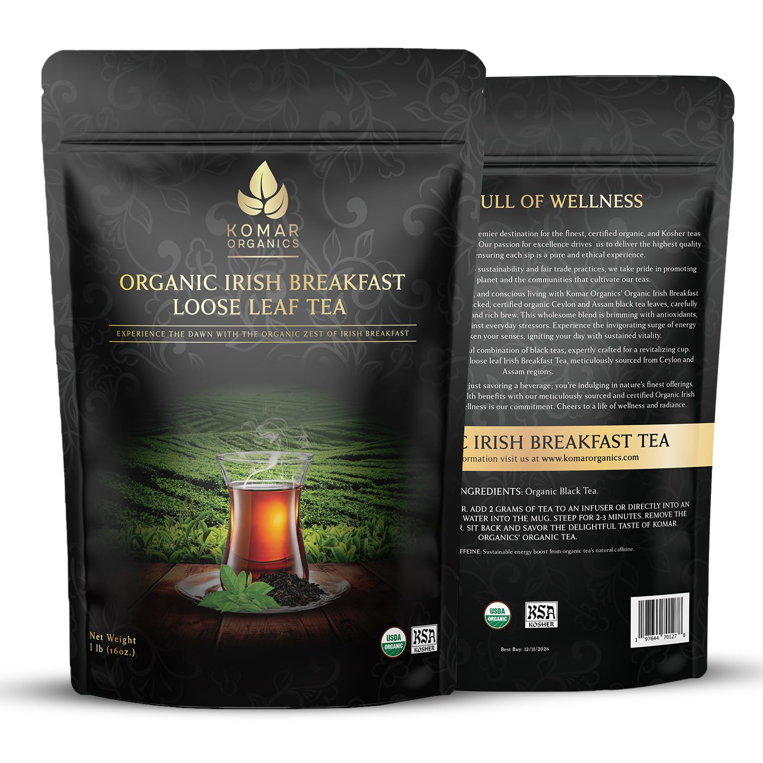 Komar Organics Irish Breakfast Tea - 16Oz USDA Organic Black Loose Leaf Tea - Certified Kosher Ceylon and Assam Black Tea Loose Leaf Rich in
