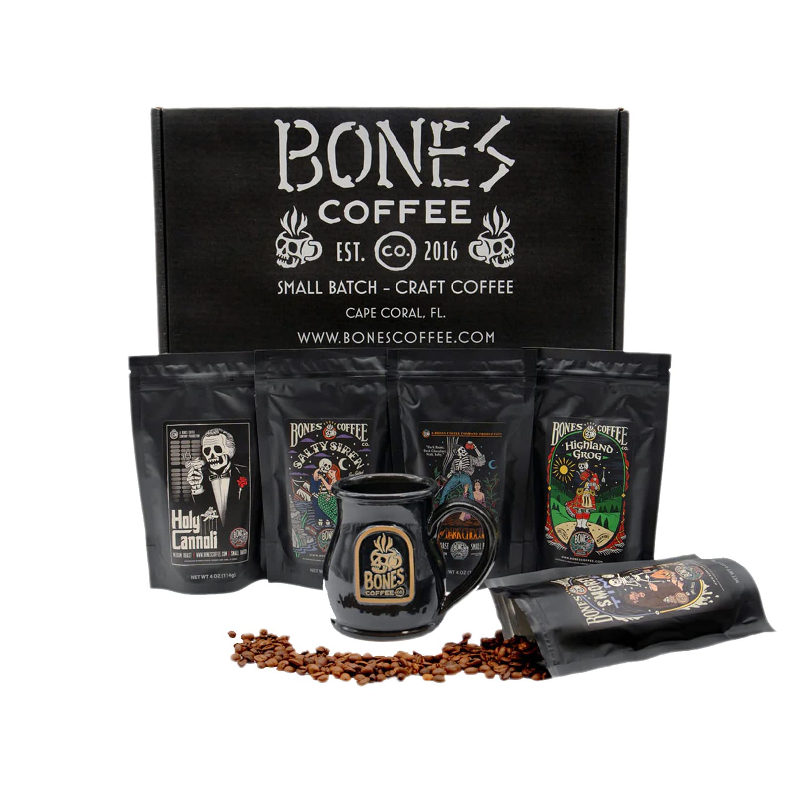 Bones Coffee Company Favorite Flavors Sample Pack Box Set with Specialty Coffee Mug, 5 Assorted Single-Origin Low Acid Medium Roast Arabica Beans