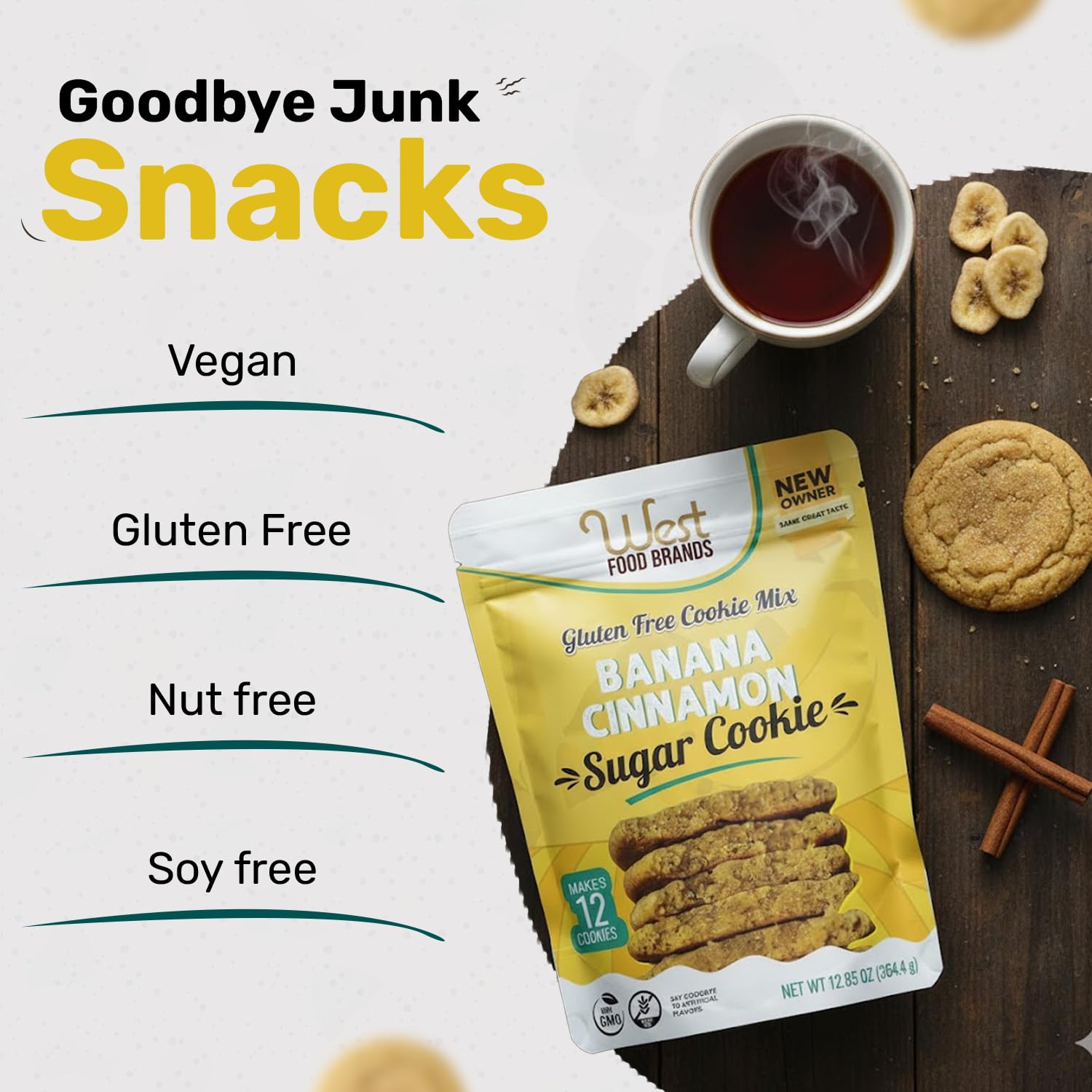West Food Brands Real Banana Flavor Cinnamon Sugar Cookie Mix - Gluten Free Cookie Mix, Allergen Free & No Artificial Sweeteners - Natural Ingredients Cinnamon Cookies (1 Pack, 12 Cookies)