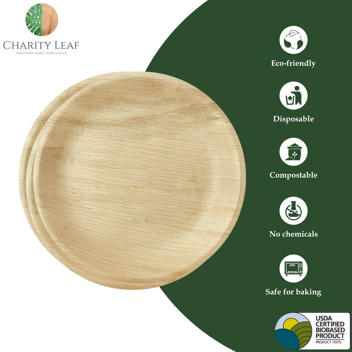 Charity Leaf Disposable Palm Leaf 9" Round Plates (50 pieces) Bamboo Like Serving Platters, Disposable Boards, Eco-Friendly Dinnerware For Weddings